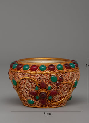 Tibetan Golpa Bowl with coral | Buddhist Sacred Decor