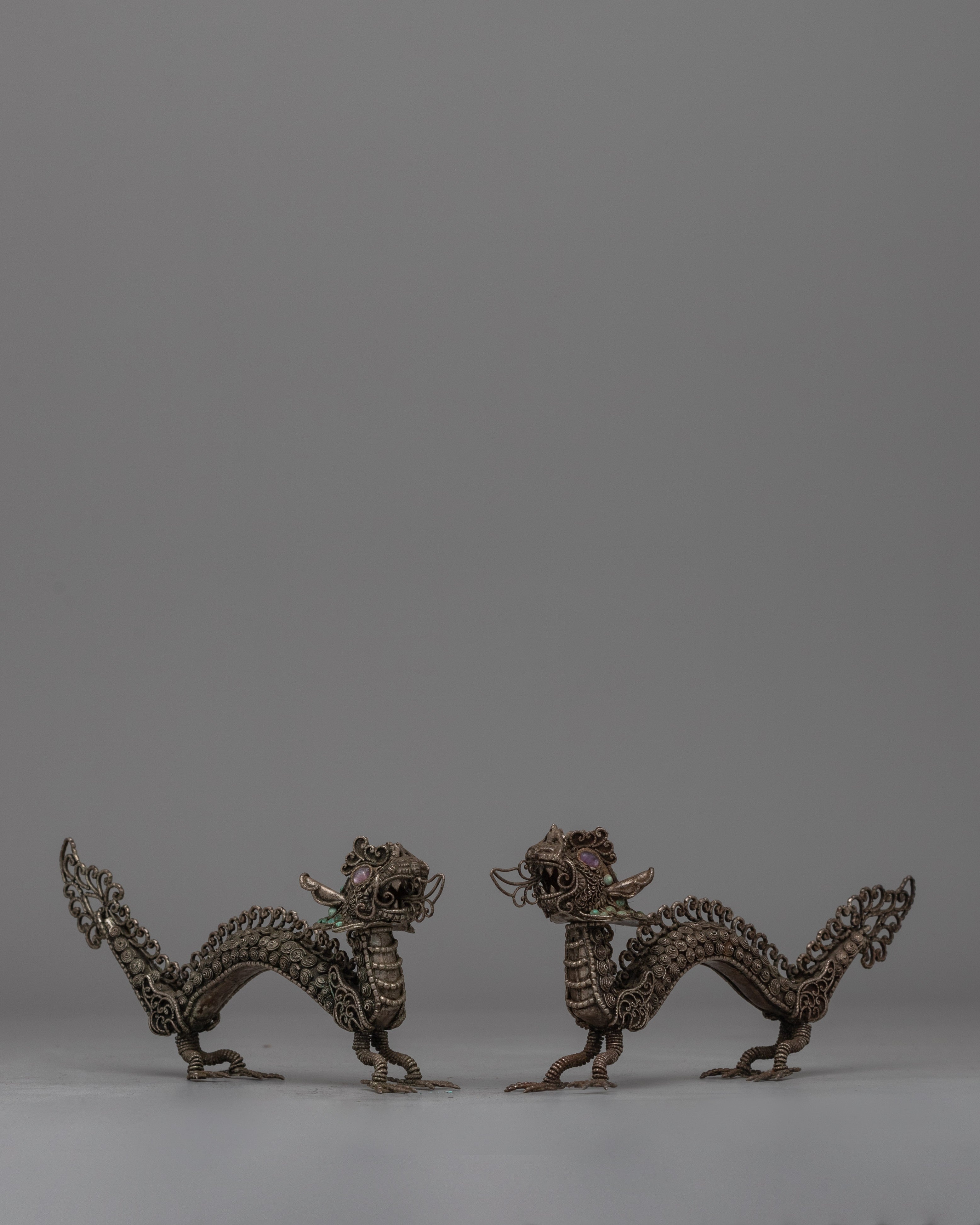 Elegant Silver Filigree Dragon Statue | Buddhist-Inspired Home Decor