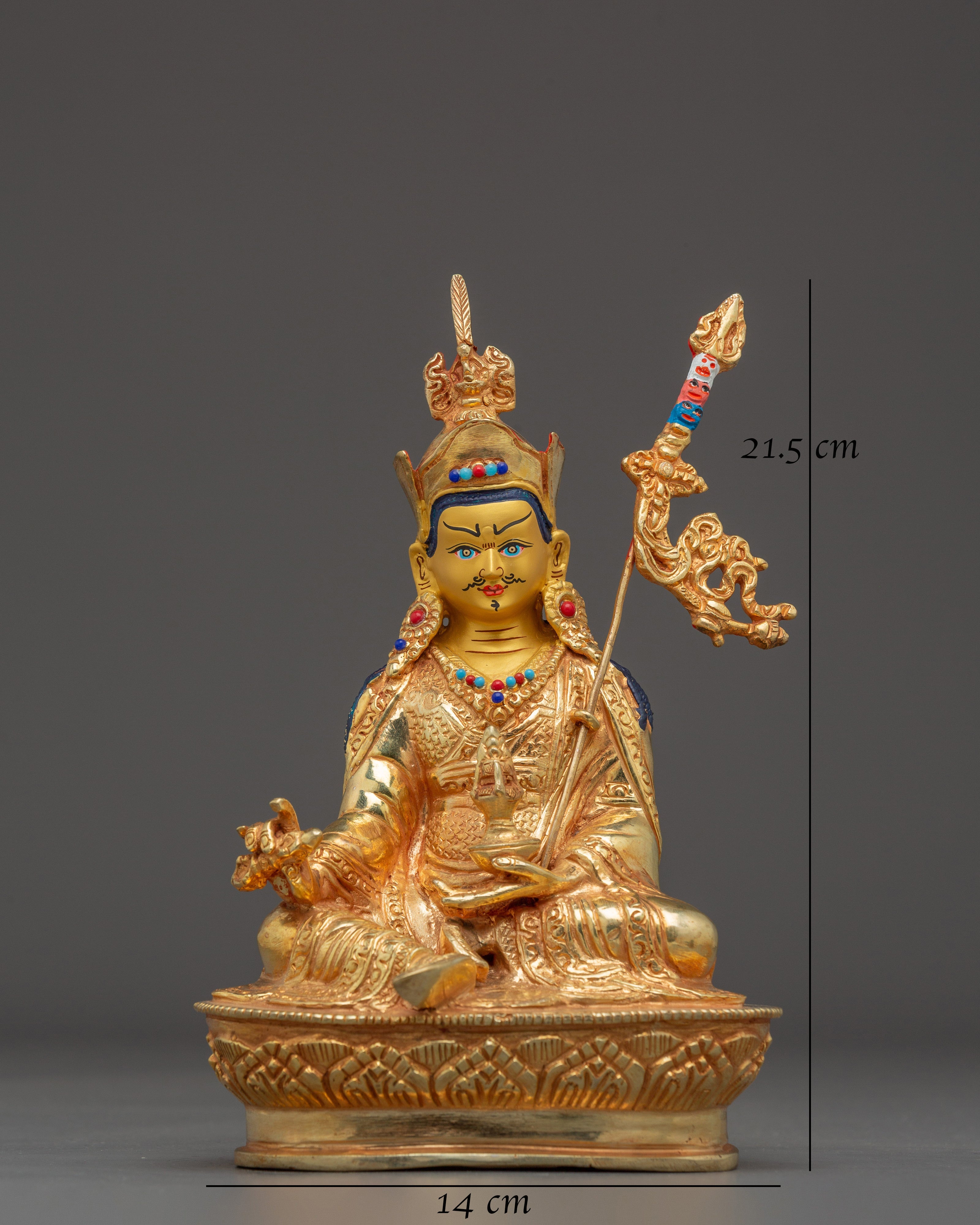 Sacred Padmasambhava Statue | Gold Plated Copper Buddha Sculpture with Coral & Turquoise