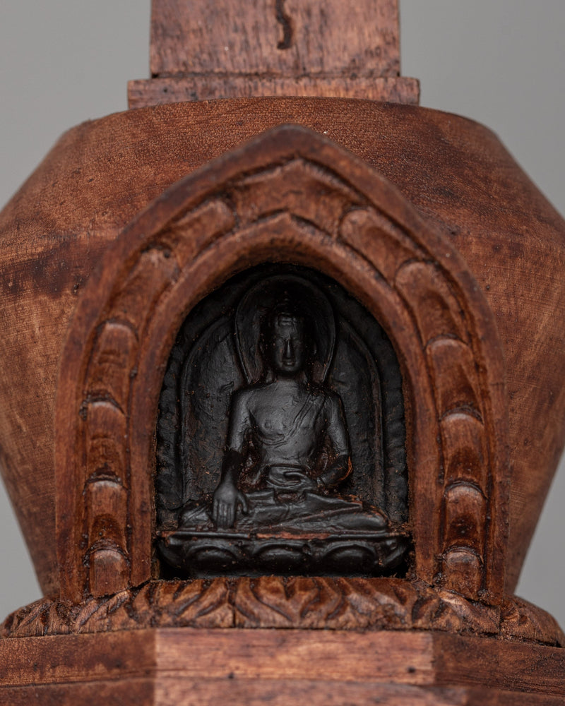 Wooden Stupa with Buddha | Spiritual Icon of Enlightenment