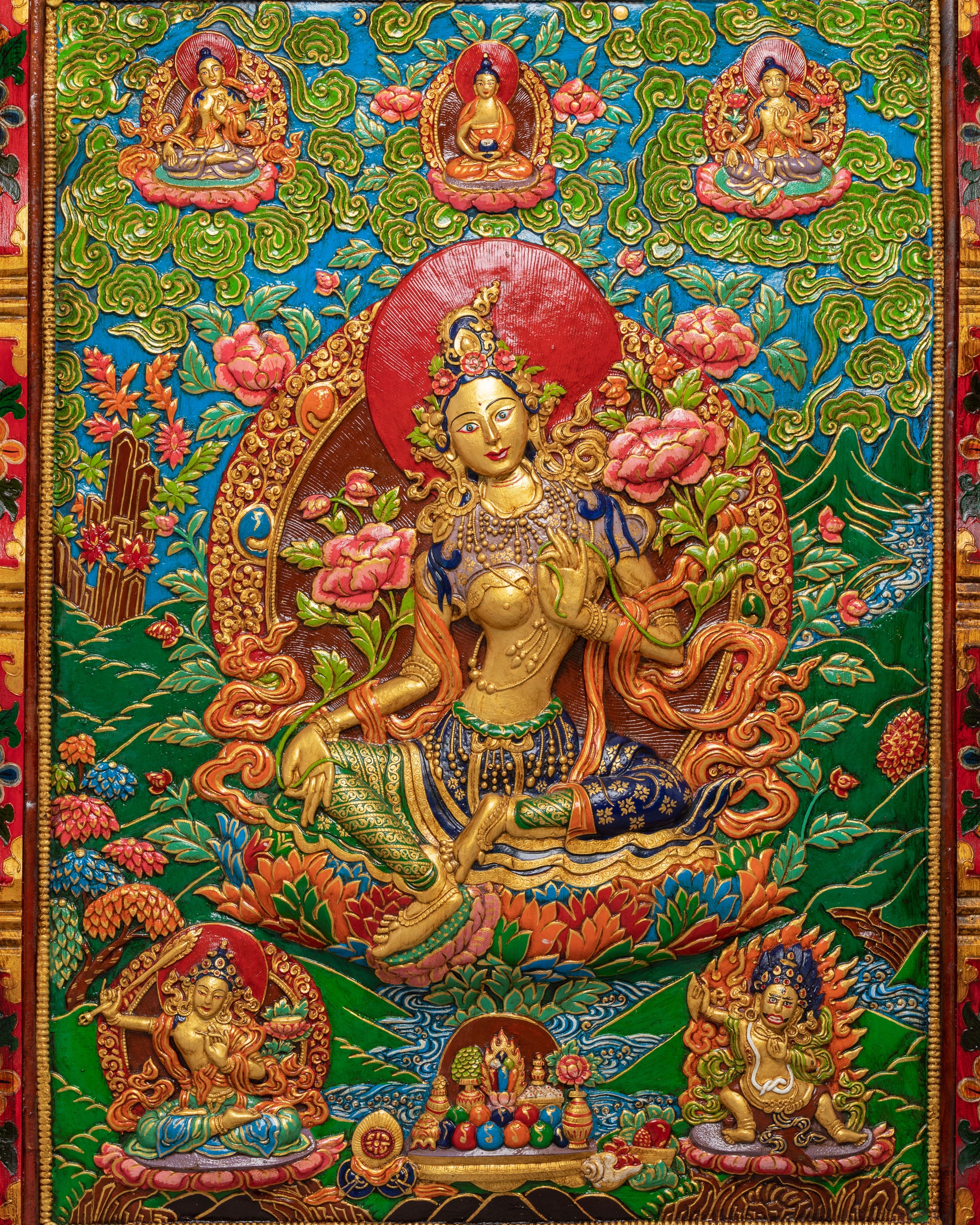 Handmade Green Tara Thangka Wall Hanging | Tibetan Buddhist Sacred Art