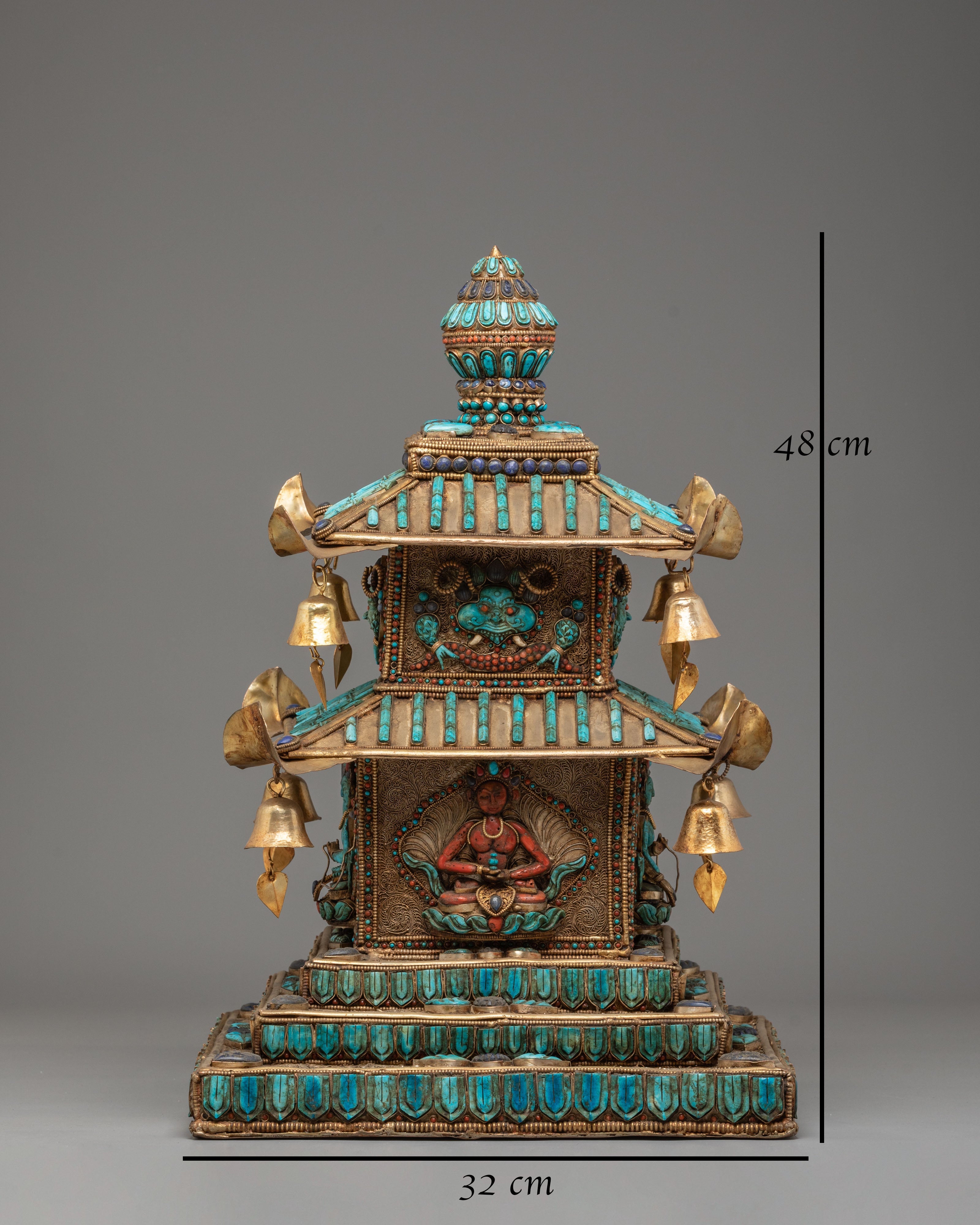 Tibetan Stupa with Deities and Turquoise Inlays | Copper & Semi-Precious Stones