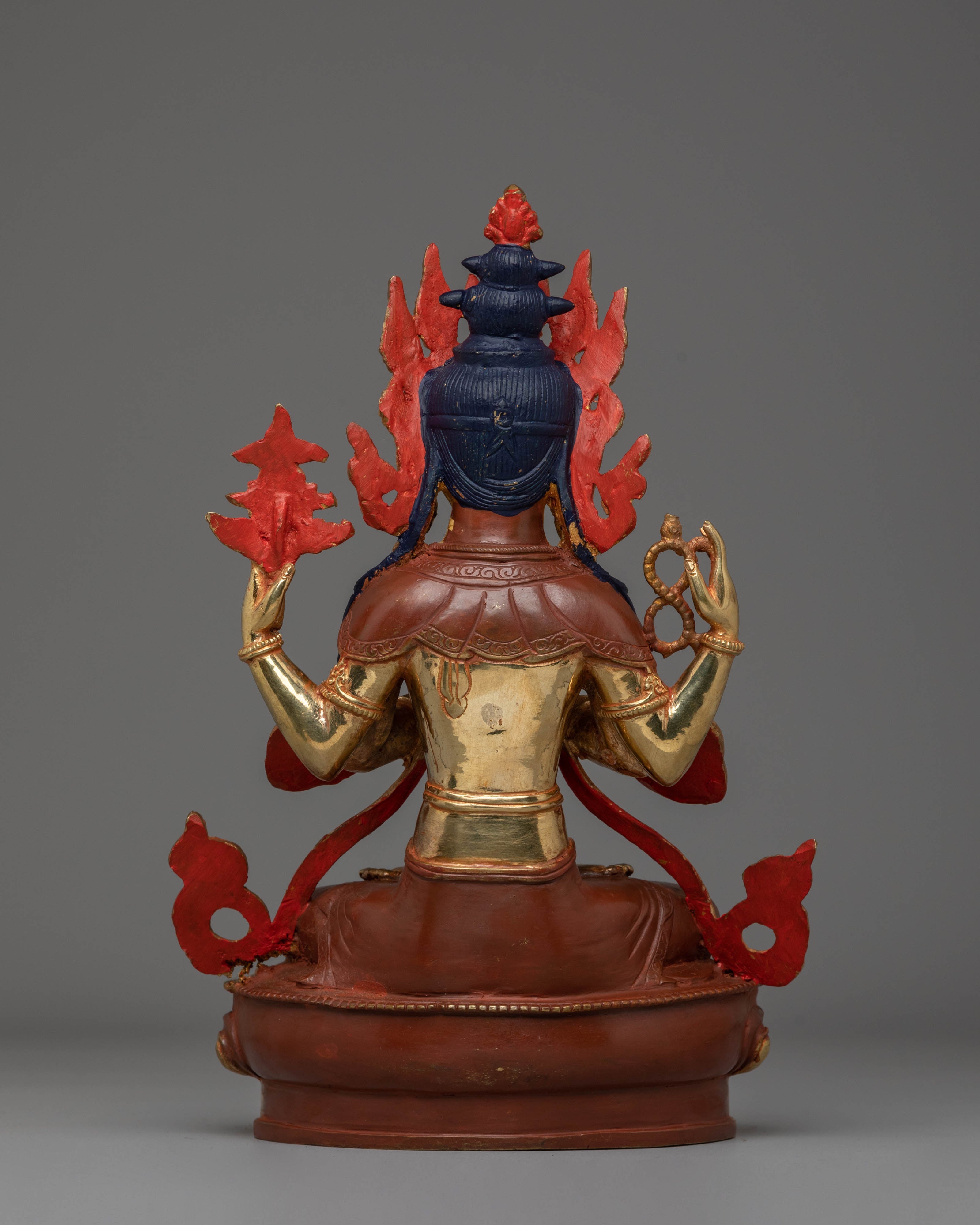Handcrafted Tibetan Chenrezig Sculpture | Gold-Plated with Coral & Turquoise