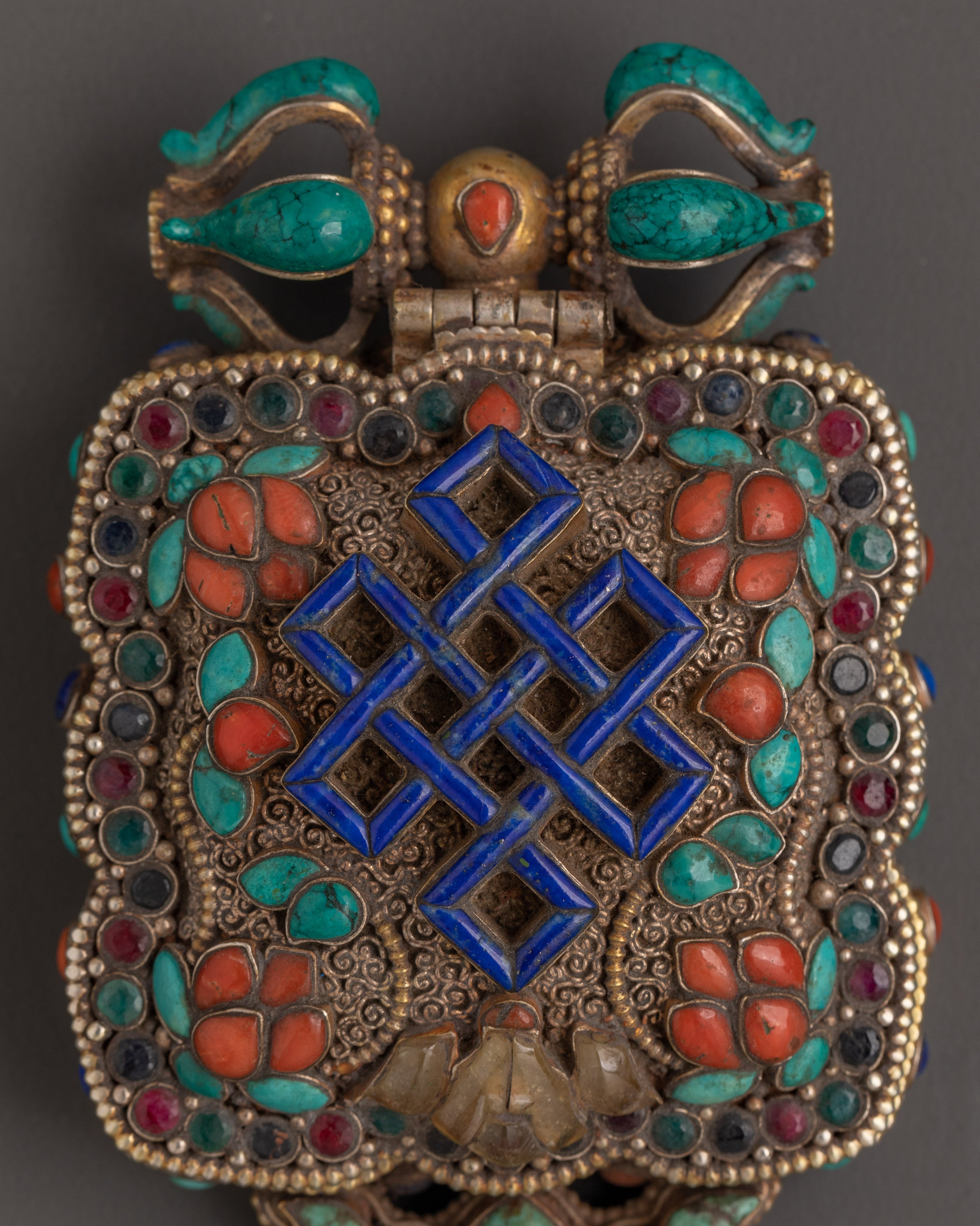 Handmade Tibetan Ghau Locket | Coral, Lapis Lazuli, Turquoise Inlay
