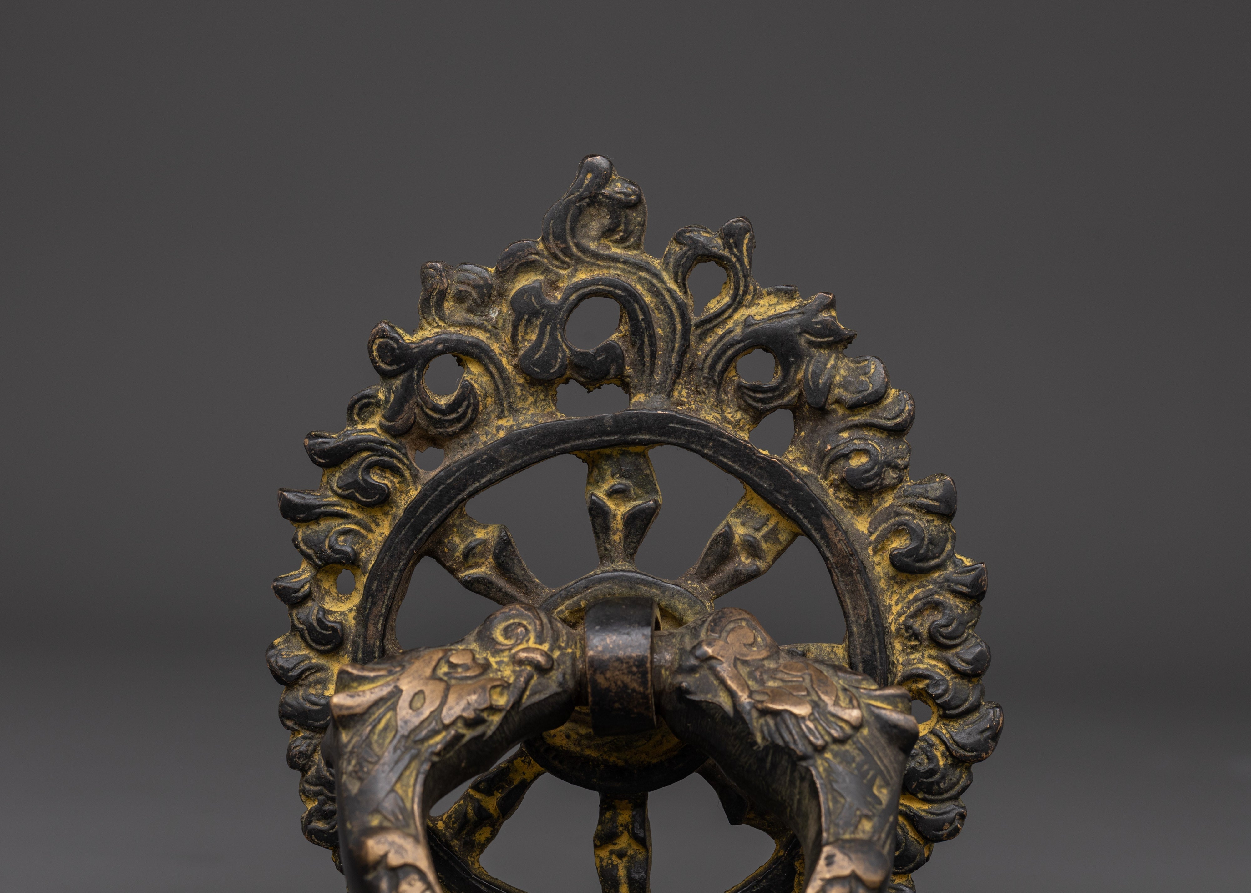 Tibetan Guardian Head Door Handle | Brass Ring Pull with Sacred Motifs