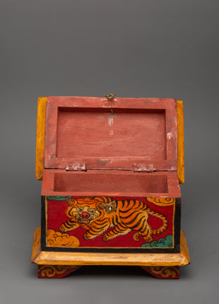 Hand-Painted Wooden Tiger Box | Tibetan Spiritual Storage Chest