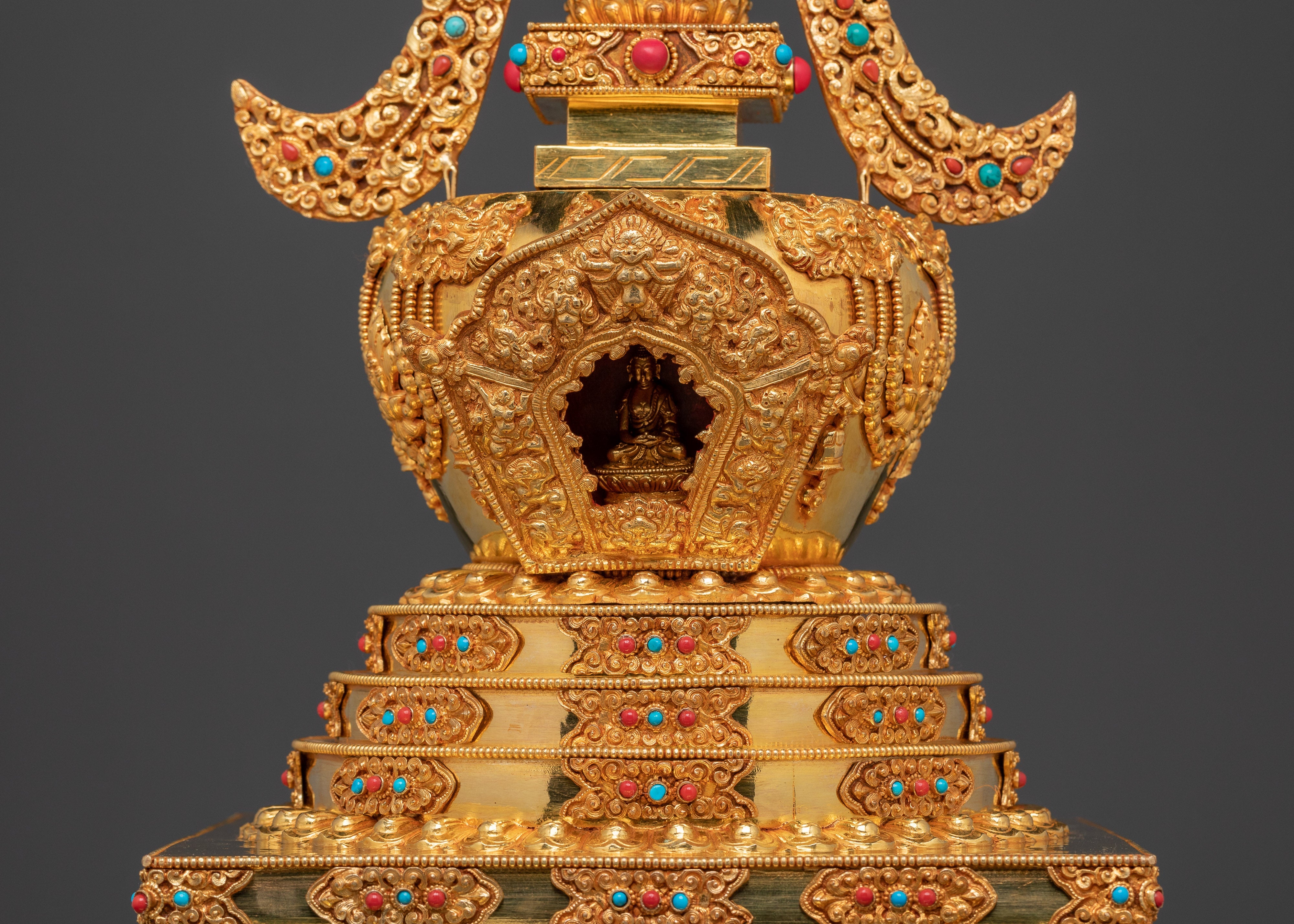 Gold-Plated Copper Buddhist Stupa for Tibetan Altar