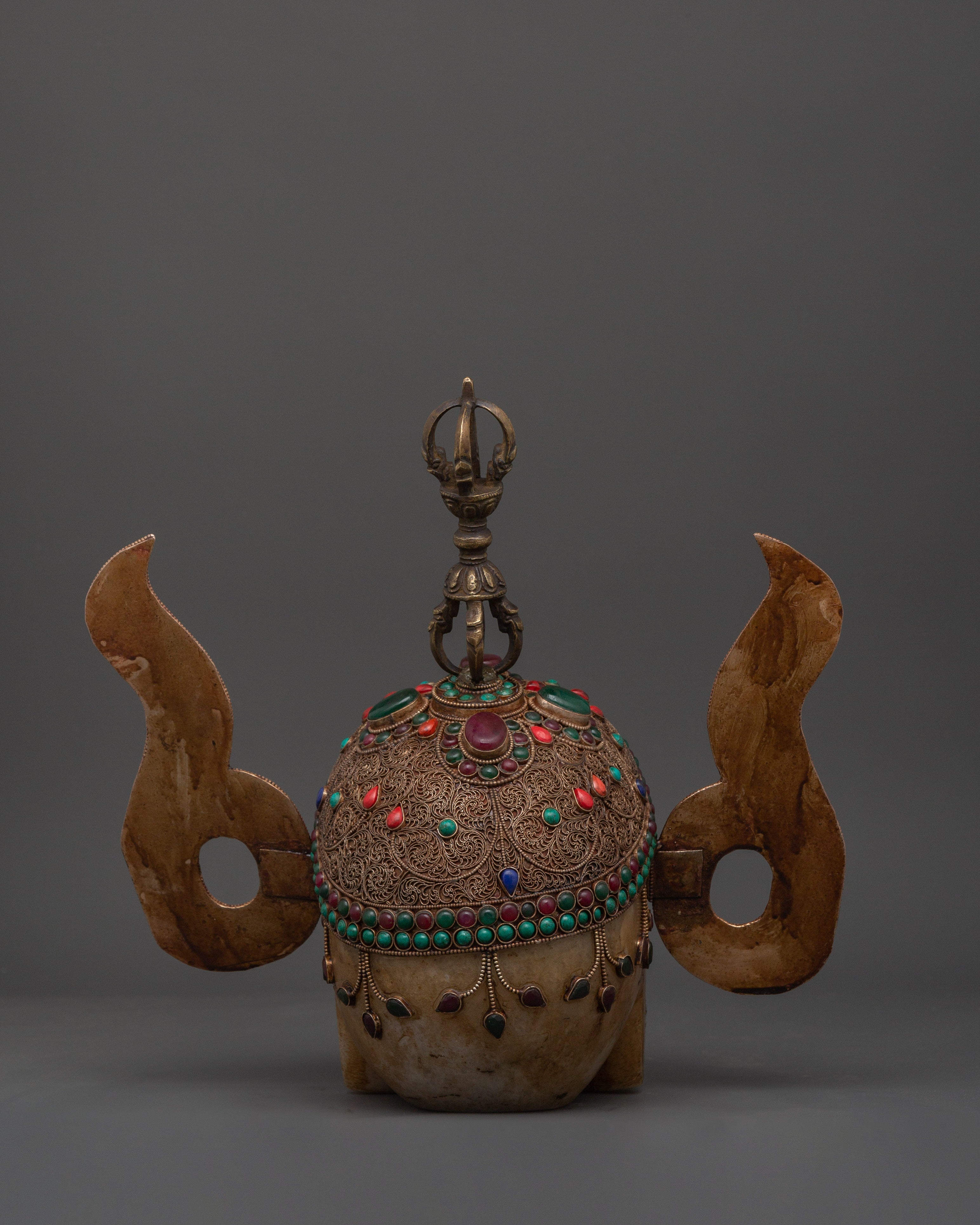 Mystic Skull Decor Copper Body with Silver Plating | Inlaid Coral, Turquoise & Crystal