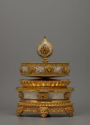 Buddhist Mandala Rice Offering Set | Handcrafted Copper Artwork with Gold & Silver Plating