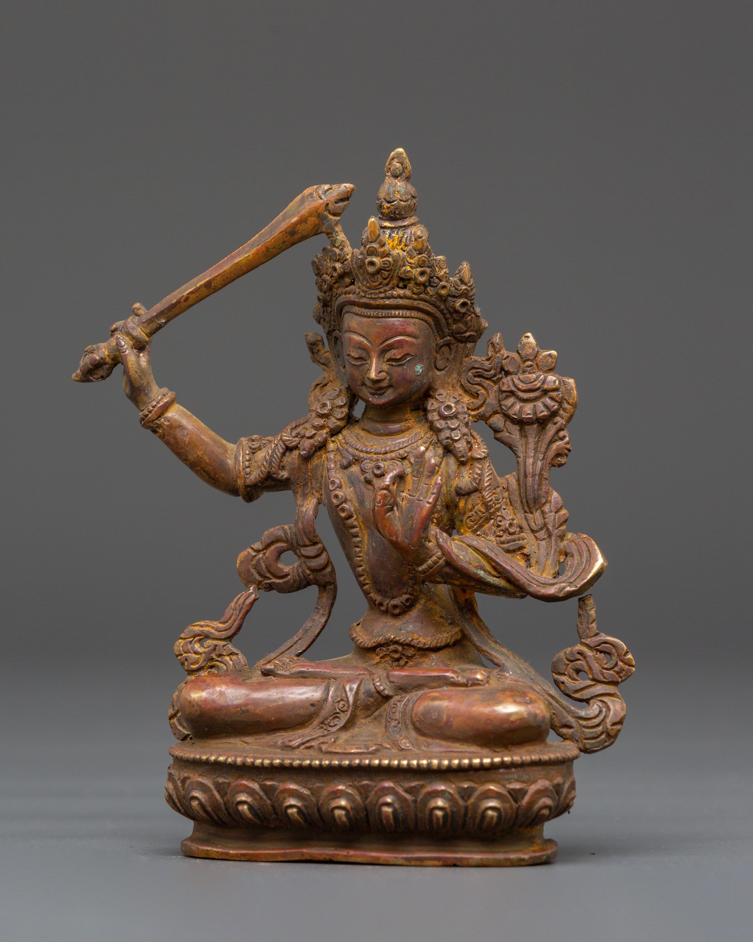 Handcrafted Copper Manjushri Statue | Wisdom Buddha Meditation Sculpture