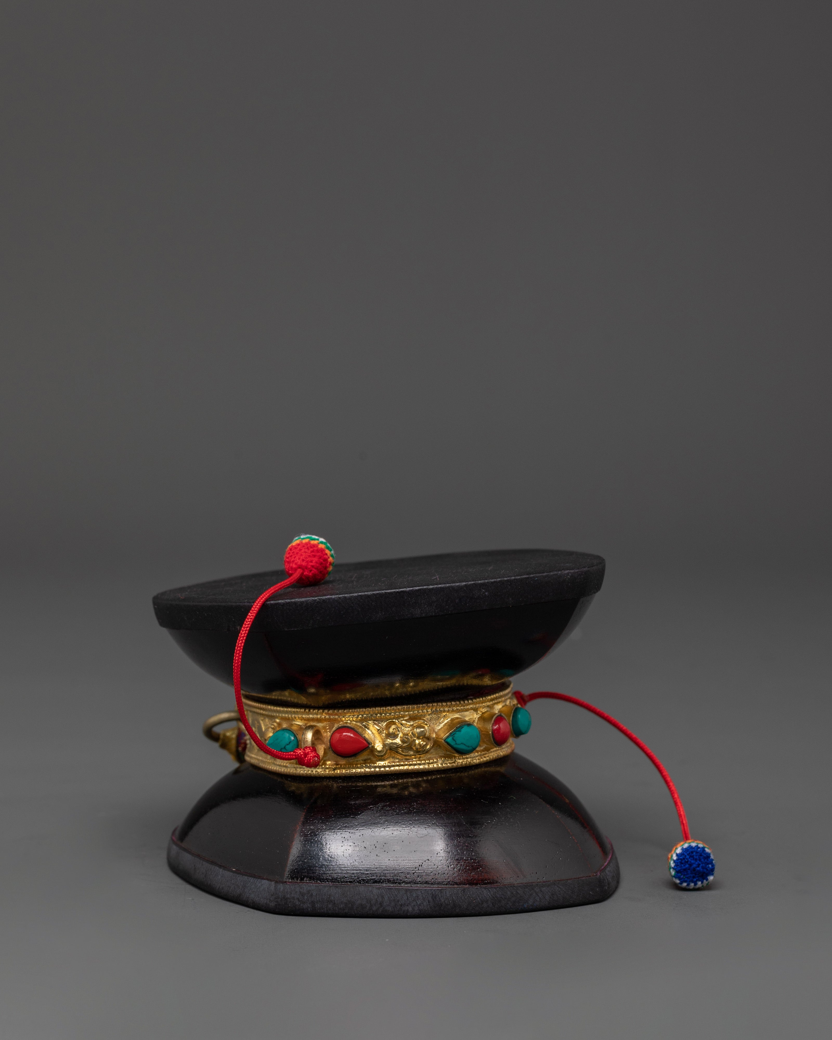 Handheld Acacia Wood Damaru | Tibetan Ritual Drum with Gold Plated