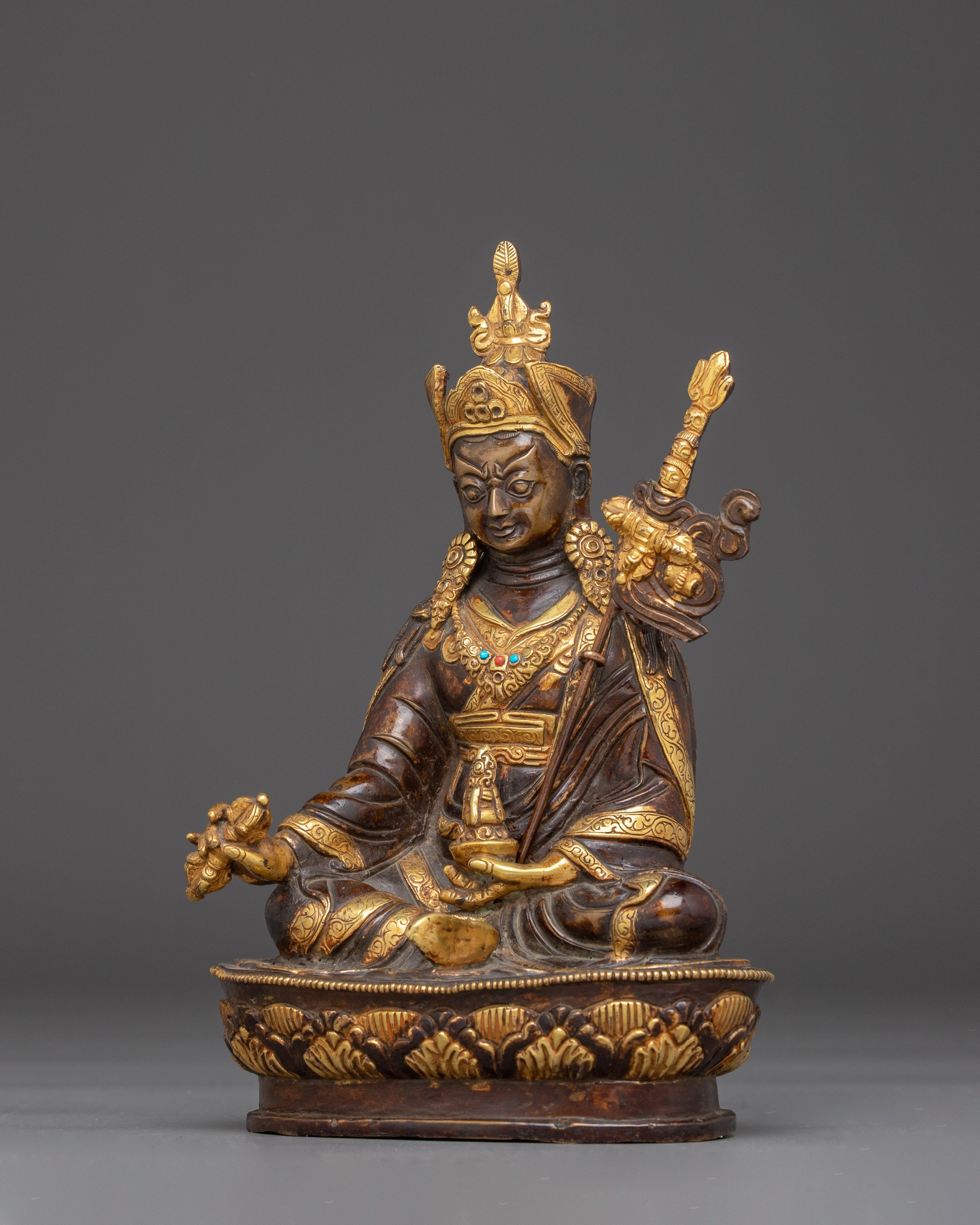 Oxidized Copper Statue of Guru Rinpoche | Gold-Plated Tibetan Spiritual Figure
