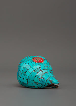 Conch Shell With Turquoise and Coral Stones | Buddhist Ritual Conch