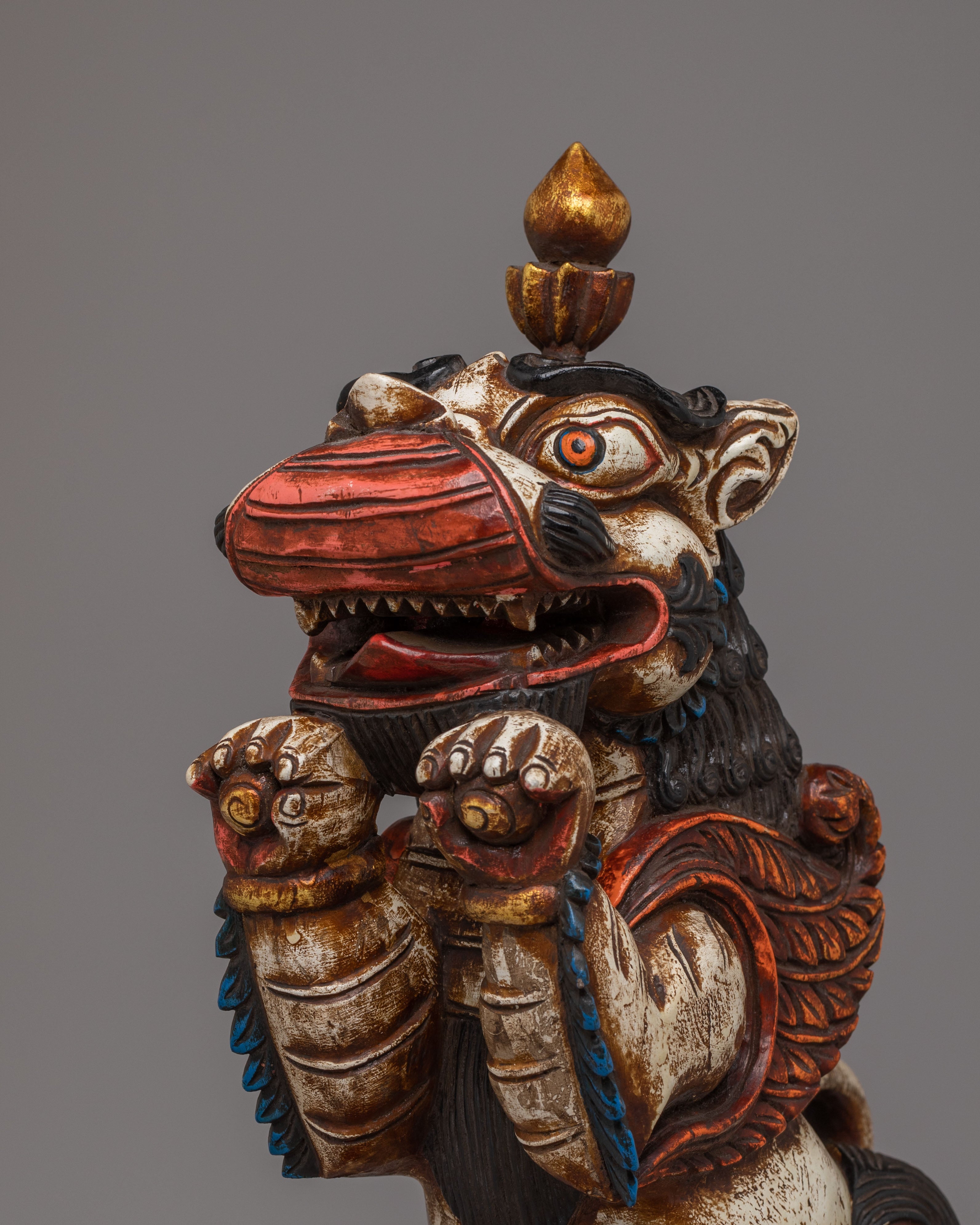 Handcrafted Sacred Guardian Lion Set | Wooden Lion Statue Set