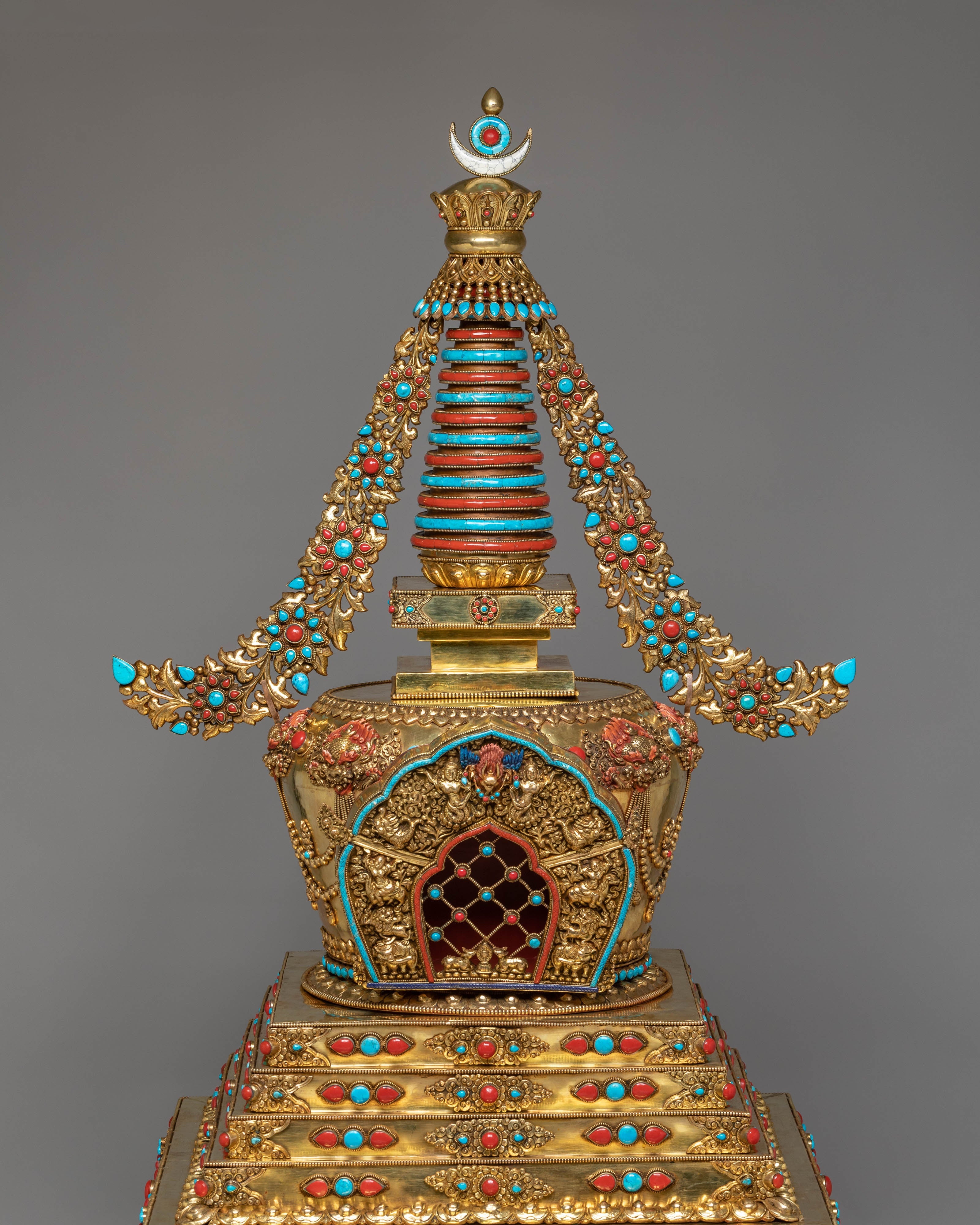 Buddhist Handcrafted Sacred Stupa | Gold-Plated Copper with Coral & Turquoise