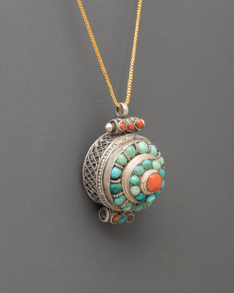 Sacred Buddhist Prayer Box | Silver with Coral & Turquoise