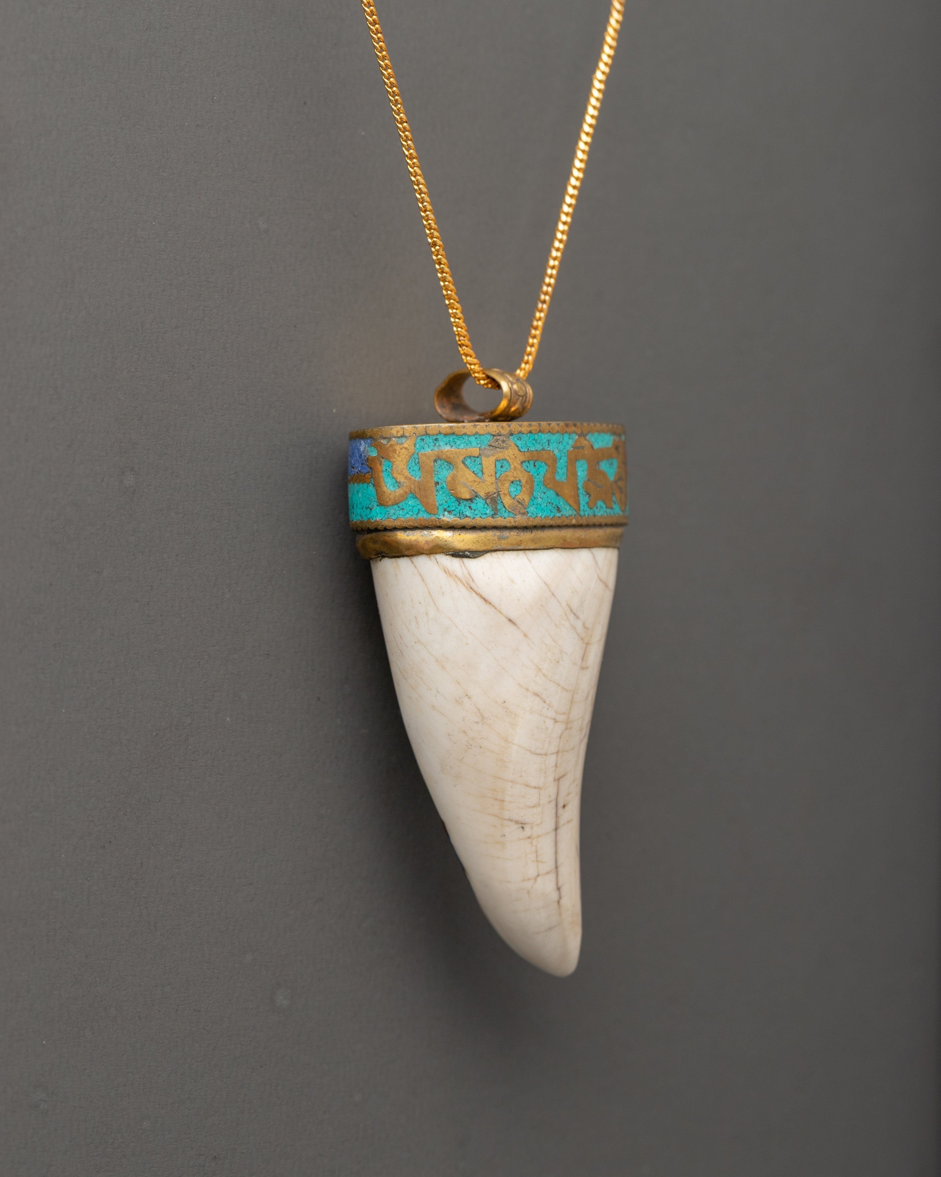 Gold Plated Conch Shell Locket | Tibetan Mantras Carved with Turquoise Inlays