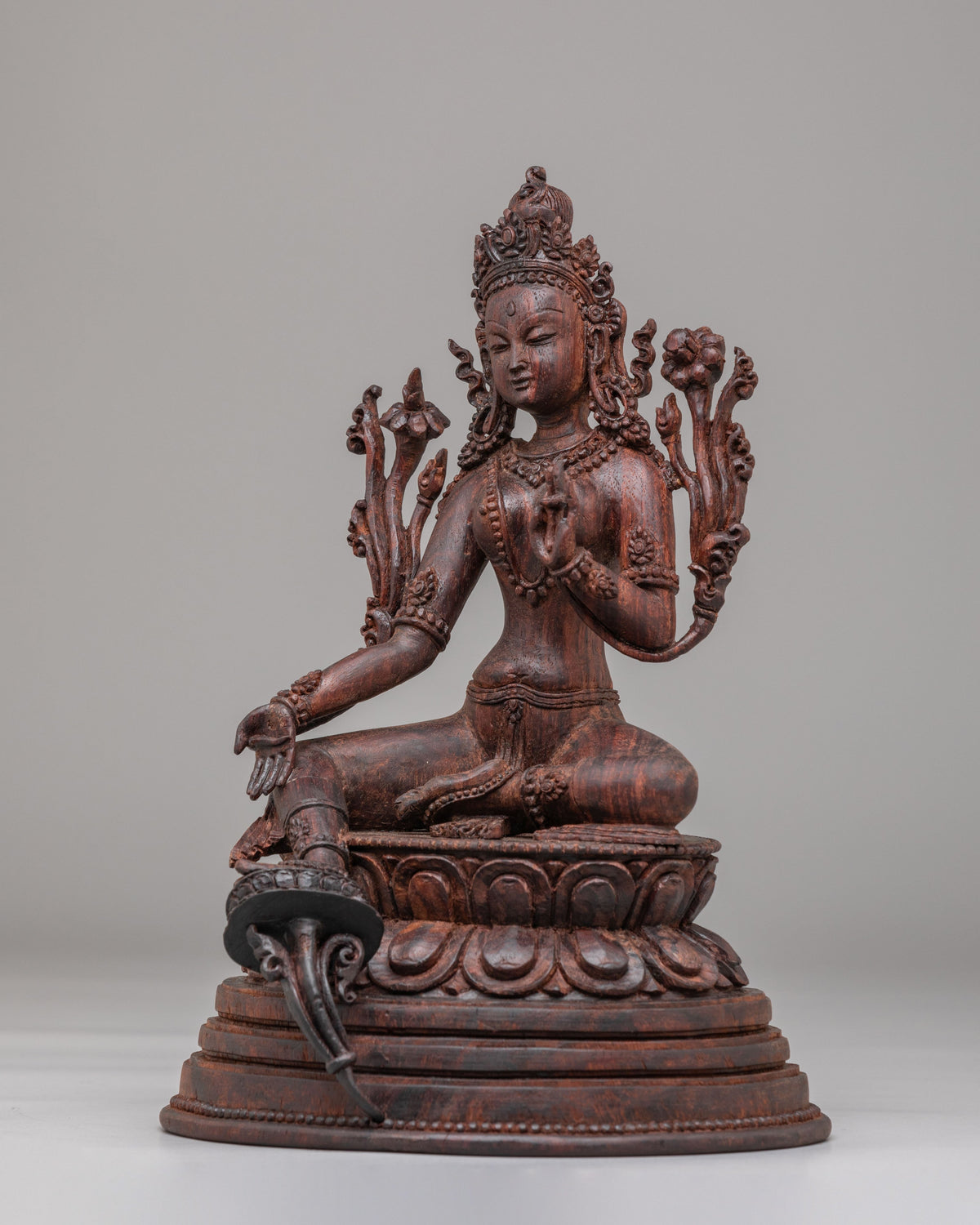 Handcarved Wooden Green Tara Altar Statue | Buddhist Goddess of Compassion