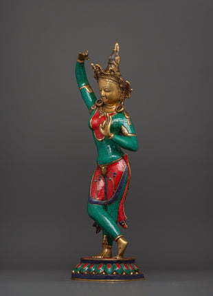 Maya Devi Brass Statue | Brass Sculpture with Turquoise & Coral Inlay