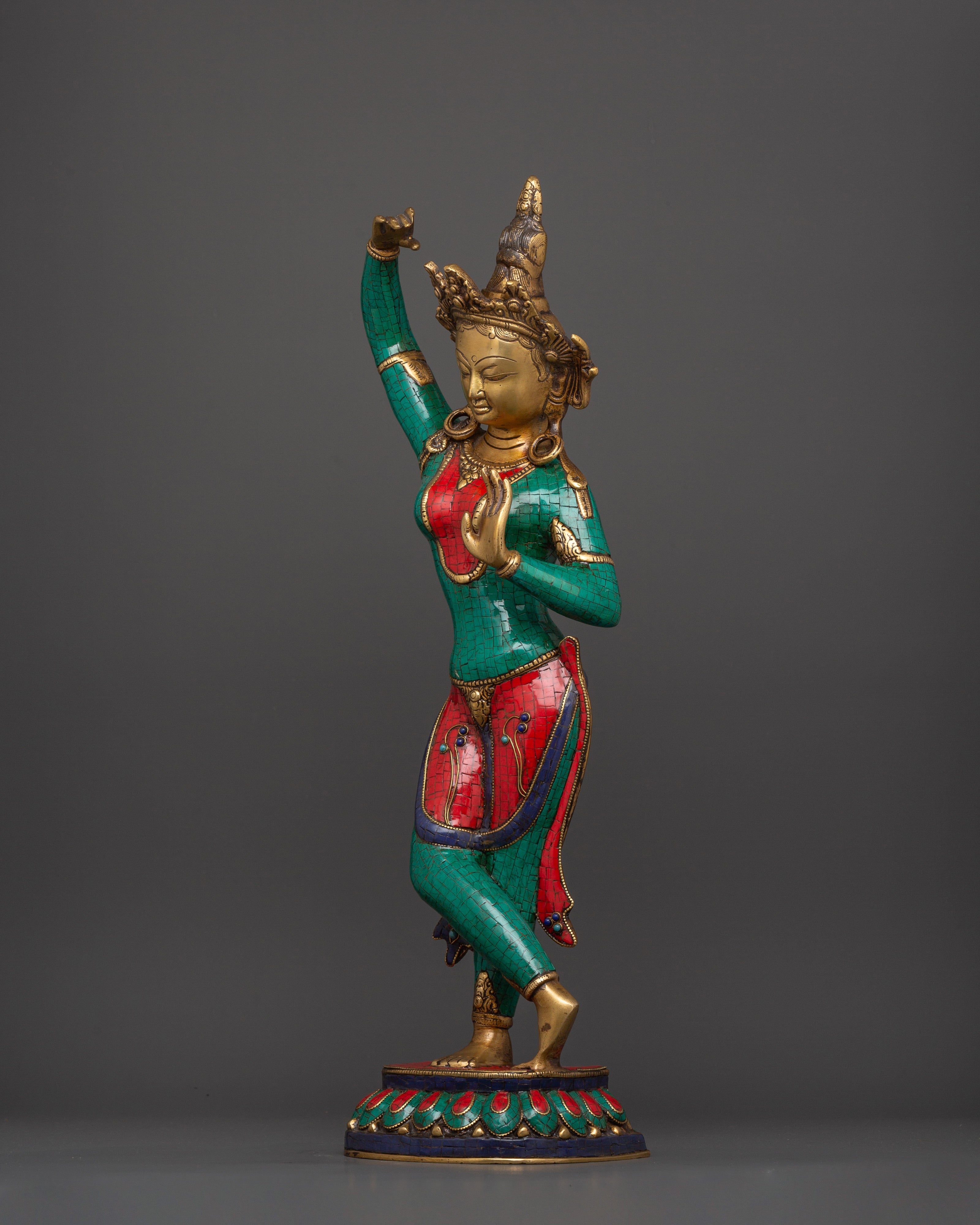 Maya Devi Brass Statue | Brass Sculpture with Turquoise & Coral Inlay