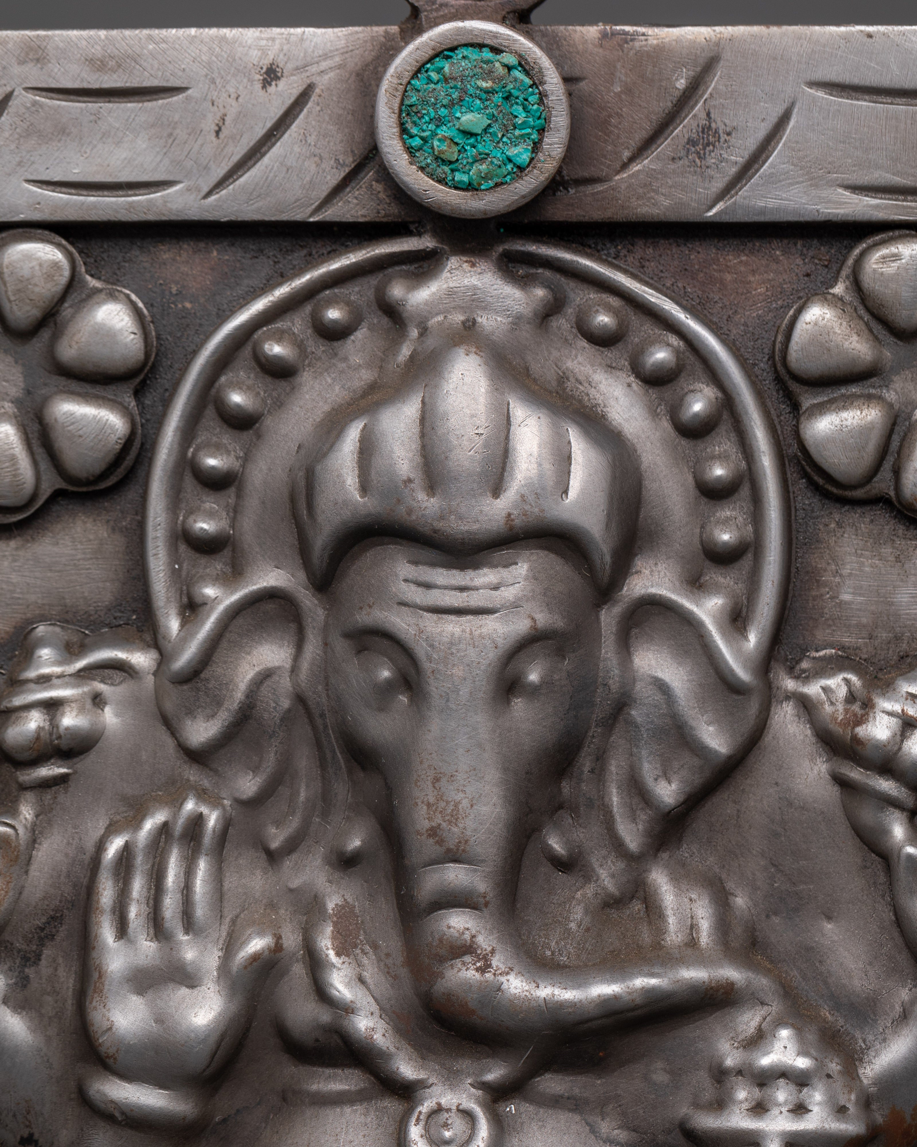 Hand-carved Ganesh Wall Hanging | Iron & Turquoise Stone Sculpture
