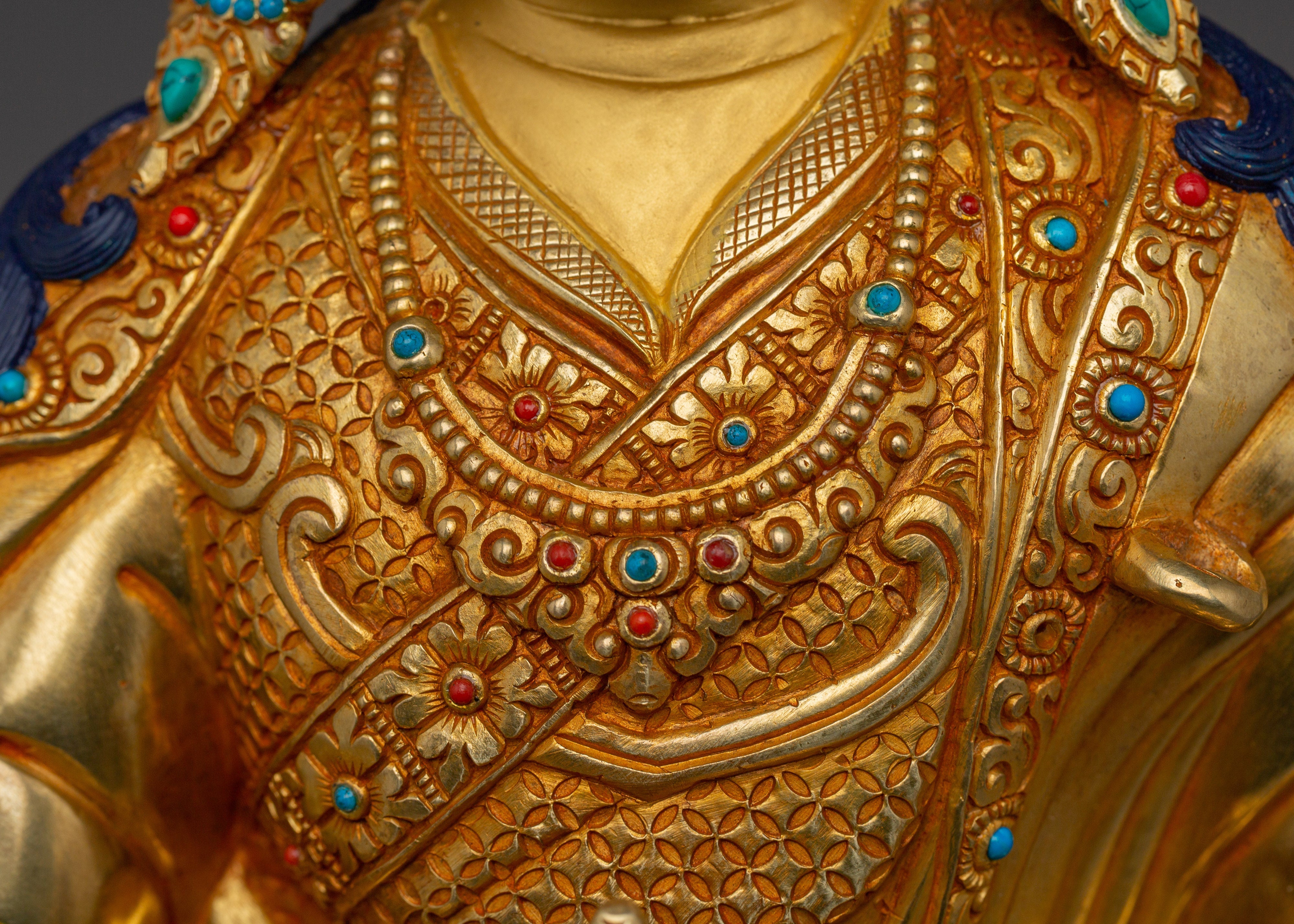 Guru Rinpoche Statue 24K Gold Gilded | Gemstone Inlaid Copper Sculpture