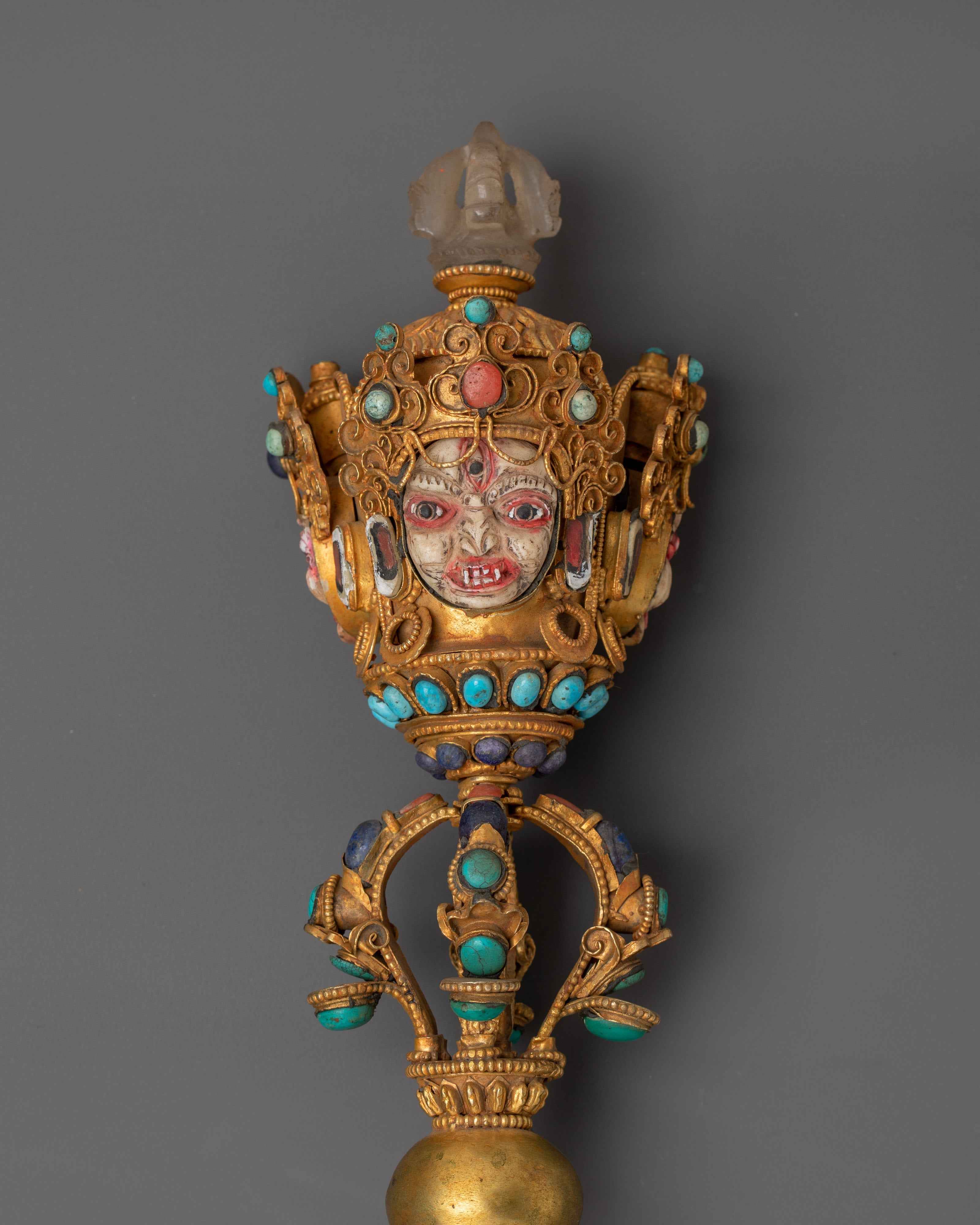 Buddhist Three Sided Phurba | Gold-Plated Ritual Dagger with Crystal and Turquoise