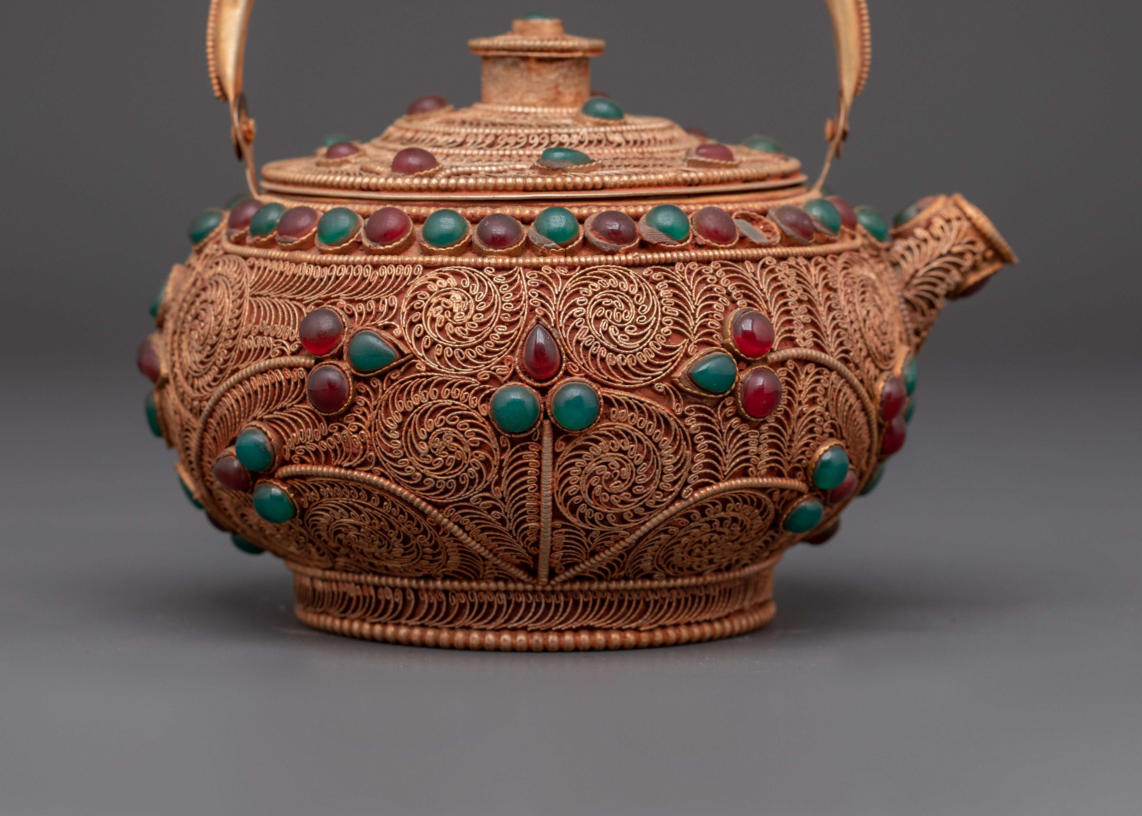 Handcrafted Tibetan Teapot | Traditional Copper & Gemstone Tea Pot