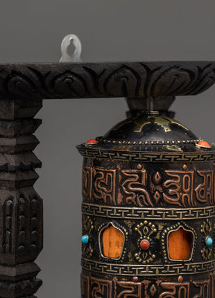 Sacred Tibetan Spinning Mantra Wheel | Copper, Coral, and Turquoise Stones