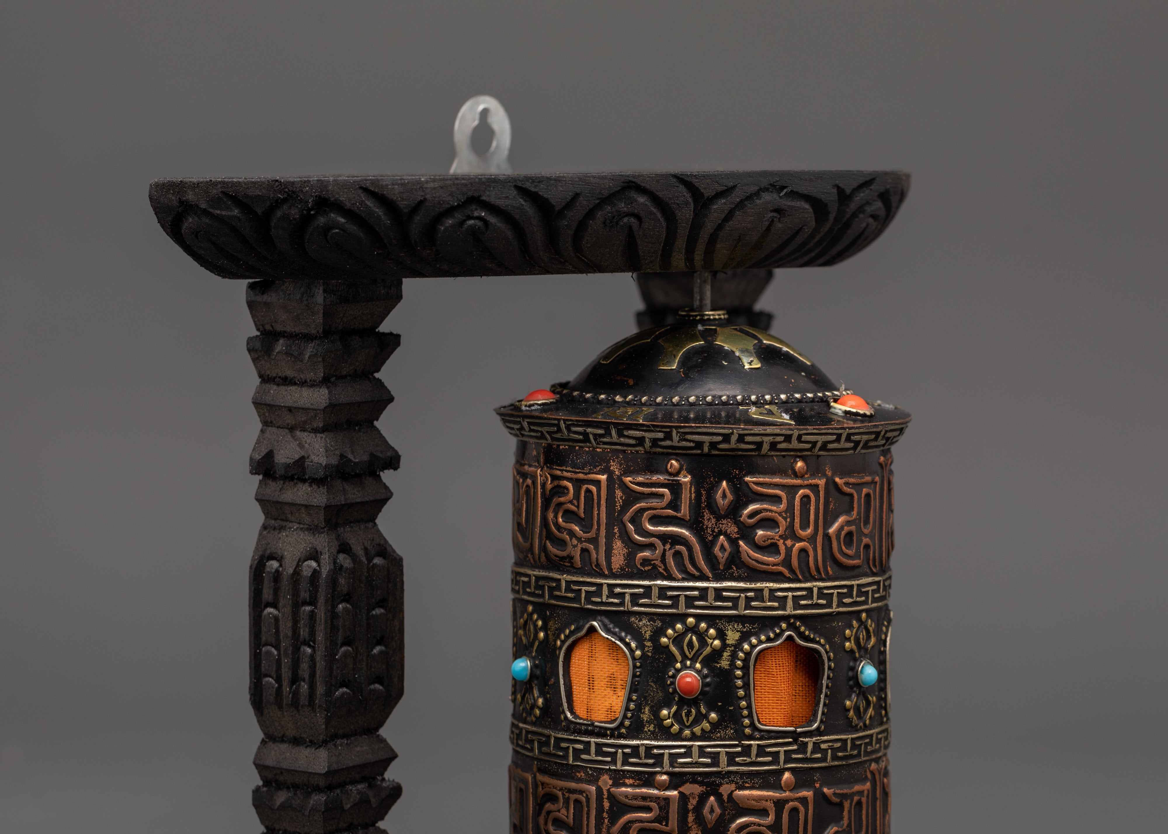 Sacred Tibetan Spinning Mantra Wheel | Copper, Coral, and Turquoise Stones