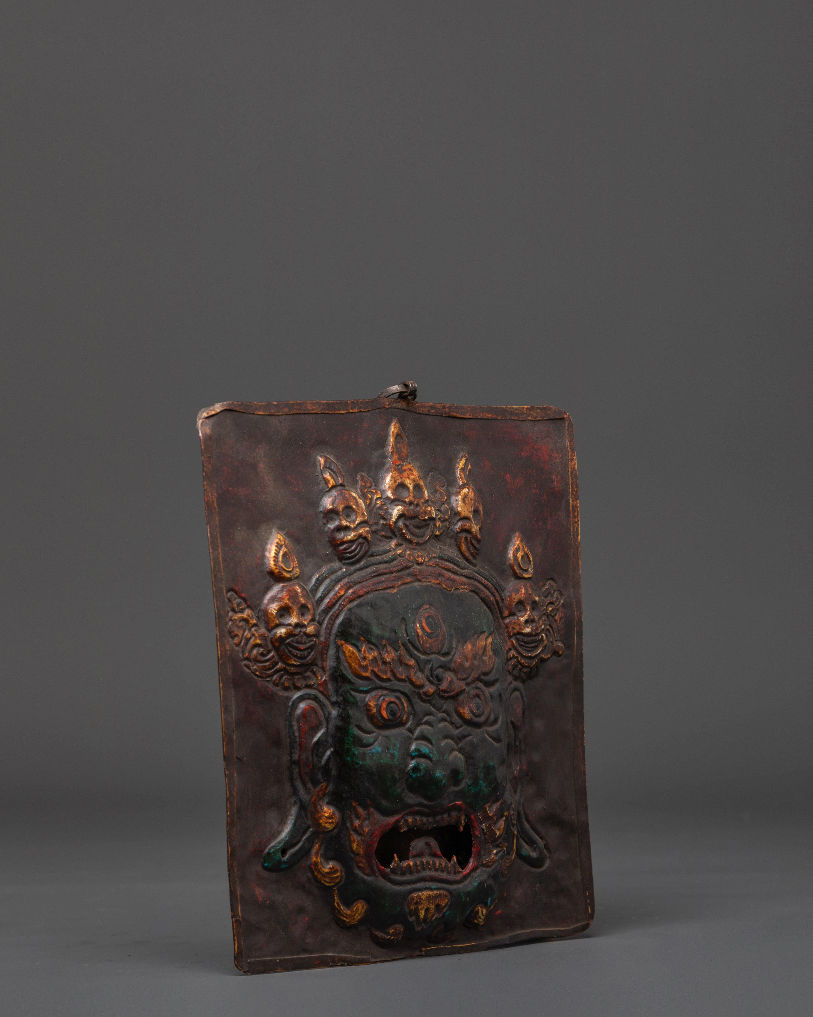 Buddhist Mahakala Wall Hanging Art | Handcrafted Brass Decor with Skull Motifs