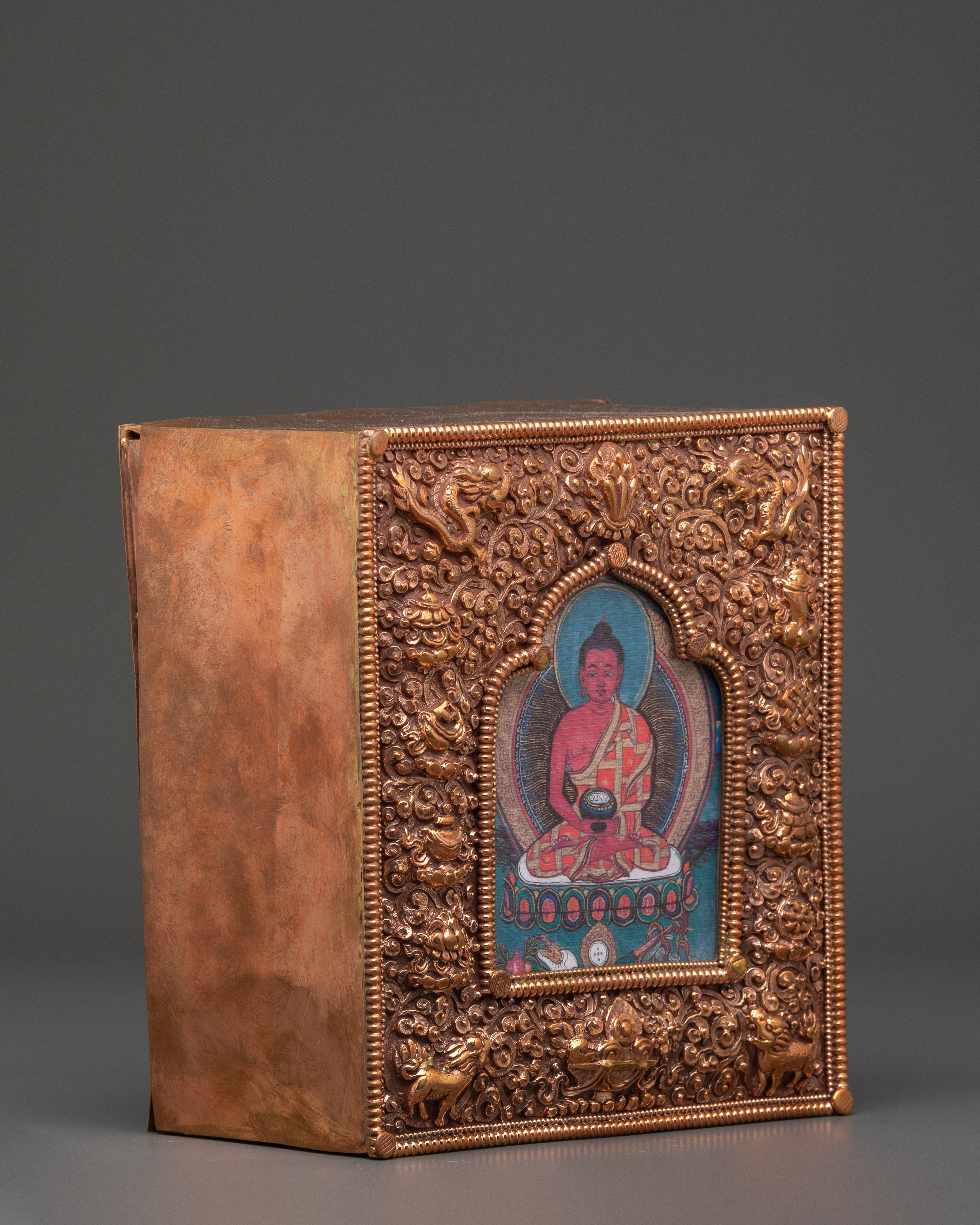 Copper Shakyamuni Buddha Ghau Box | Ritual Box for Sacred Artifacts