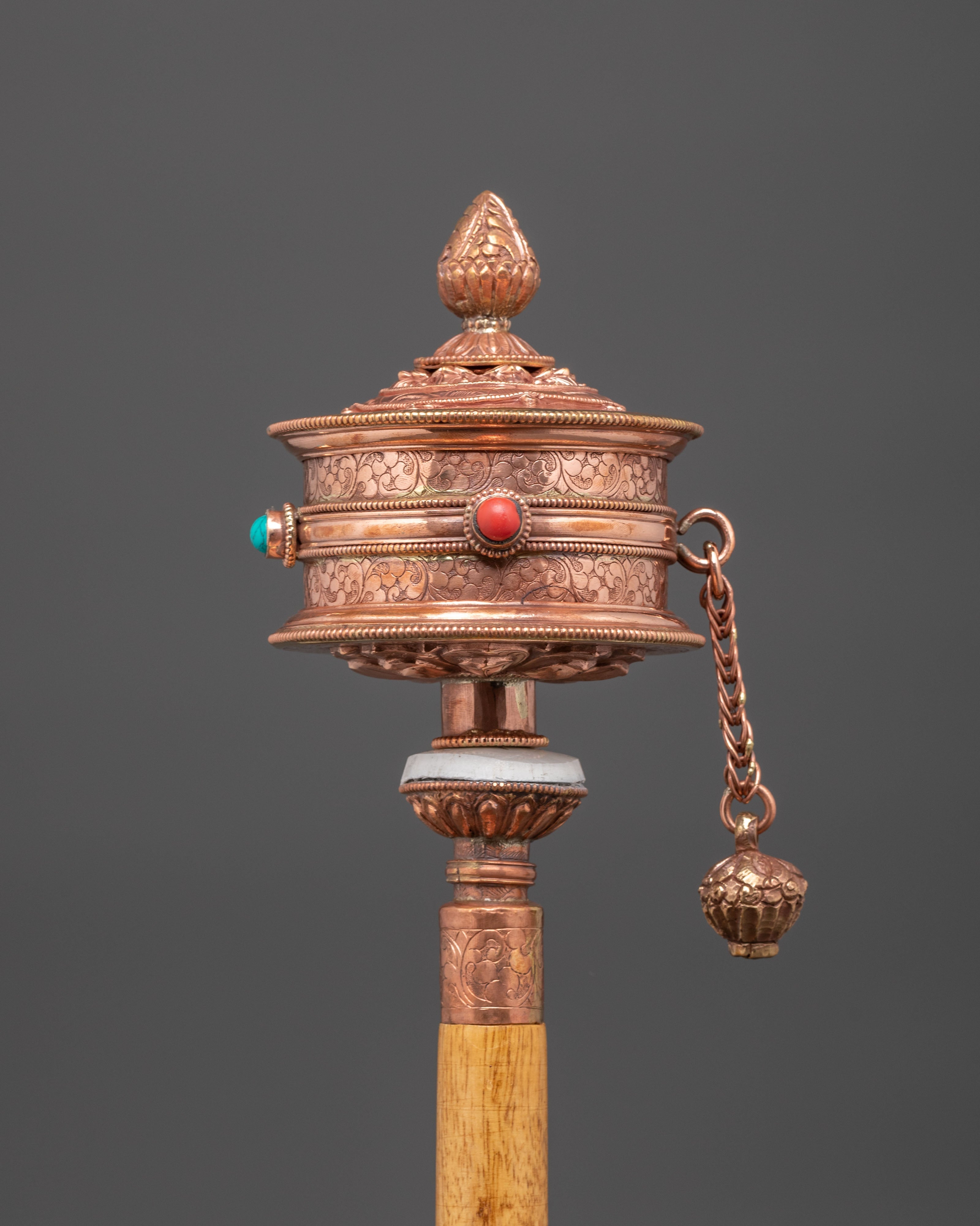 Tibetan Traditional Prayer Wheel with Turquoise & Coral Inlays