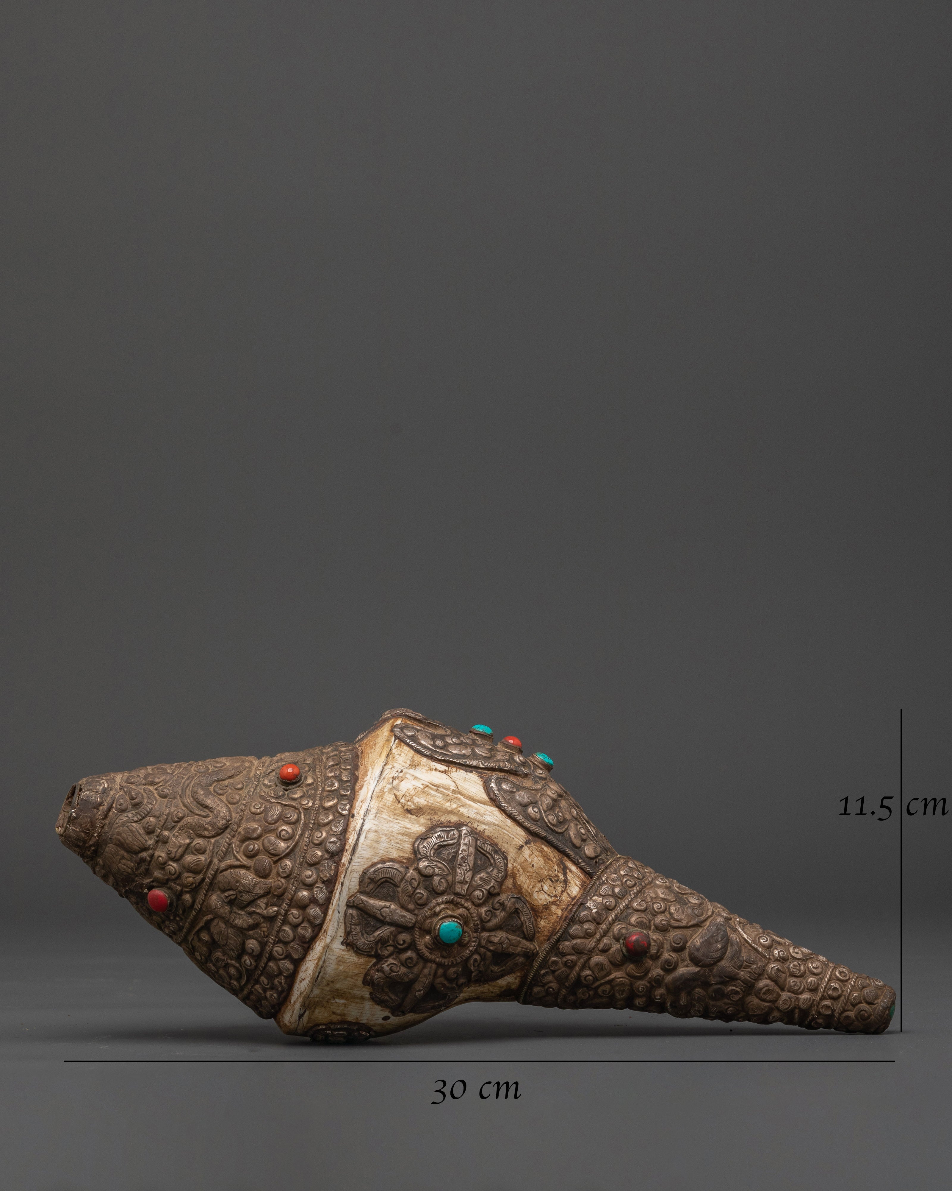 Buddhist Copper Conch Shell | Tibetan Ritual Trumpet with Coral and Turquoise