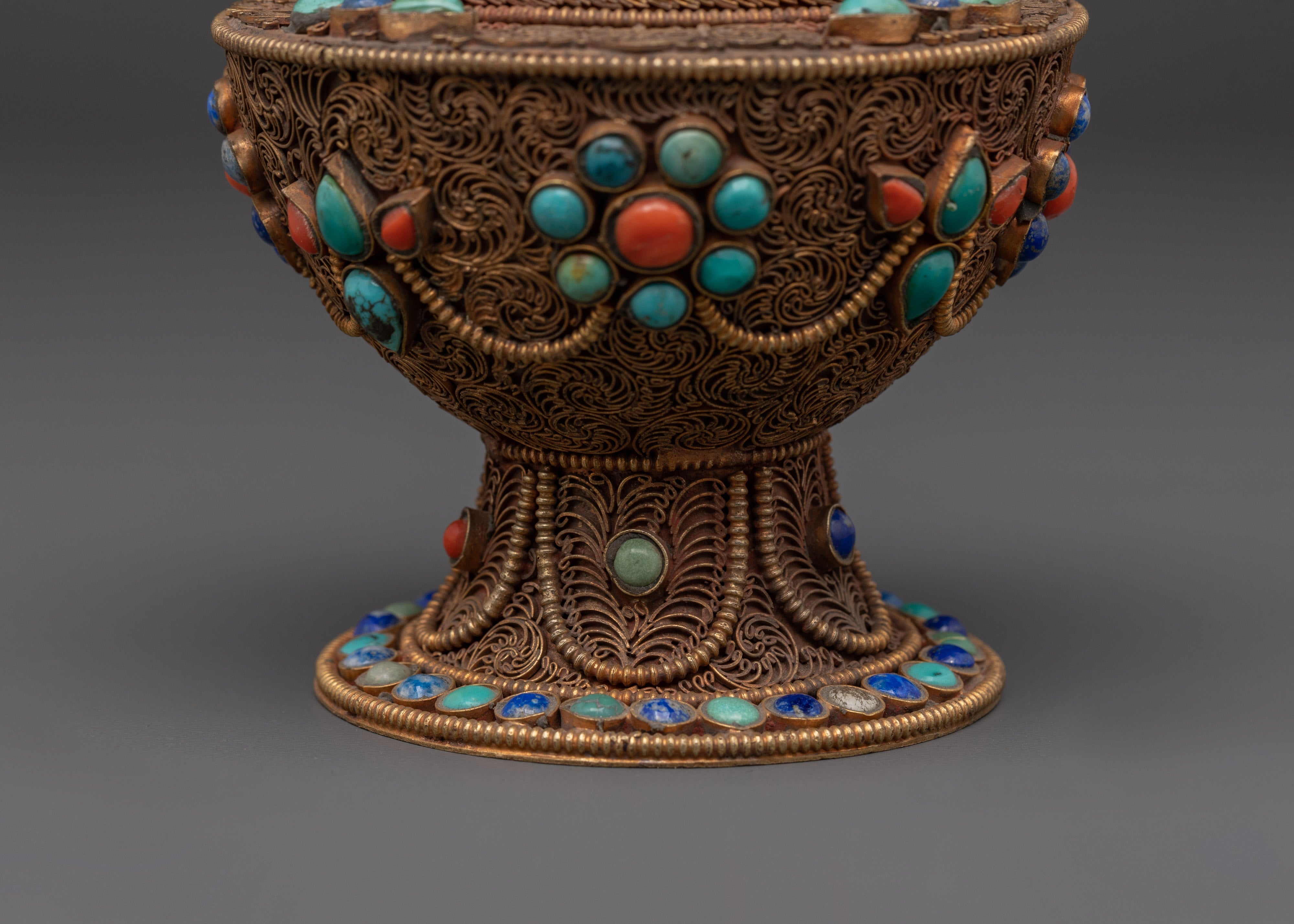Handcrafted Tibetan Filigree Rice Pot | Copper Pot with Coral & Turquoise Inlays