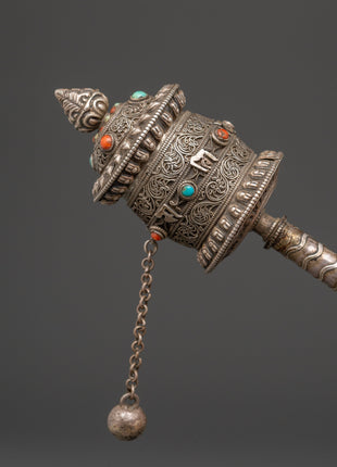 Tibetan Prayer Wheel 92.5% Silver | Handcrafted Spinning Mani Wheel