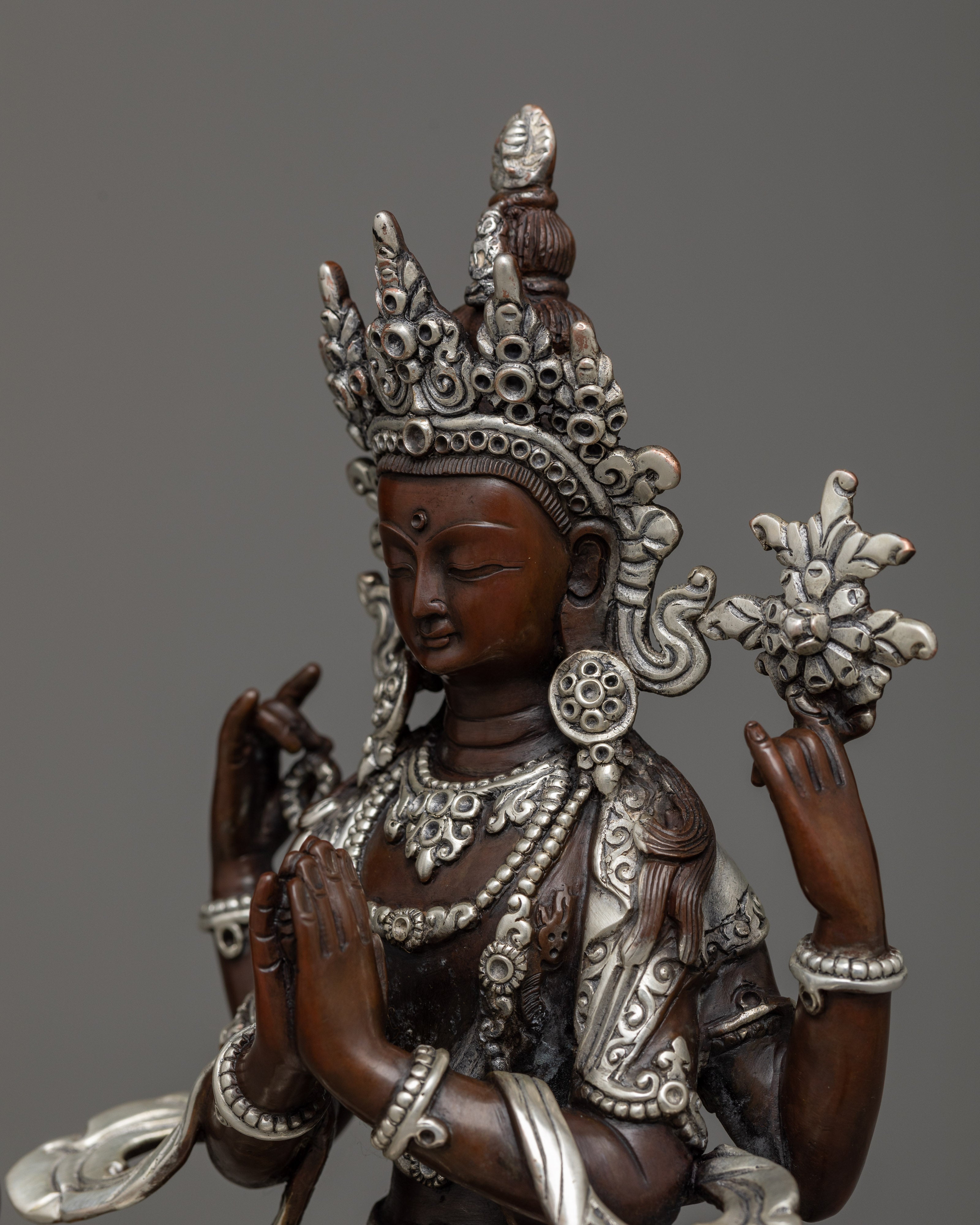 Silver-Plated Lord Chenresi Statue | Compassion Embodied Buddha