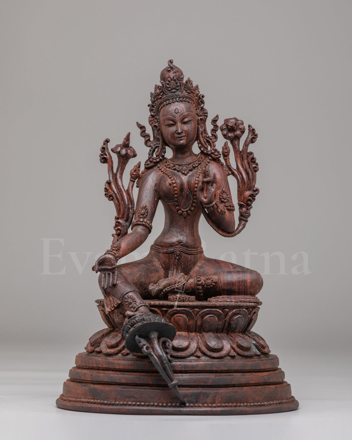 Handcarved Wooden Green Tara Altar Statue | Buddhist Goddess of Compassion