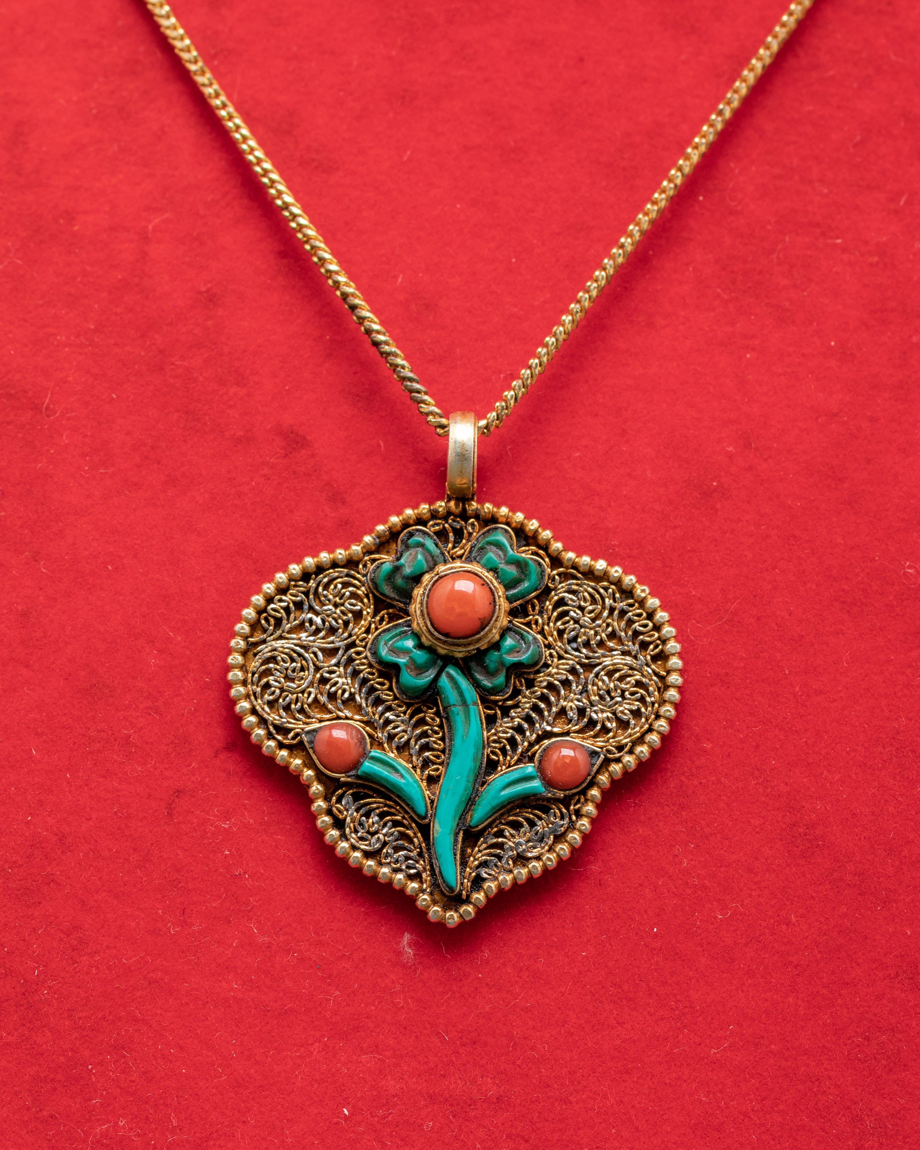 Gold Plated Flower Locket with Coral & Turquoise Stones