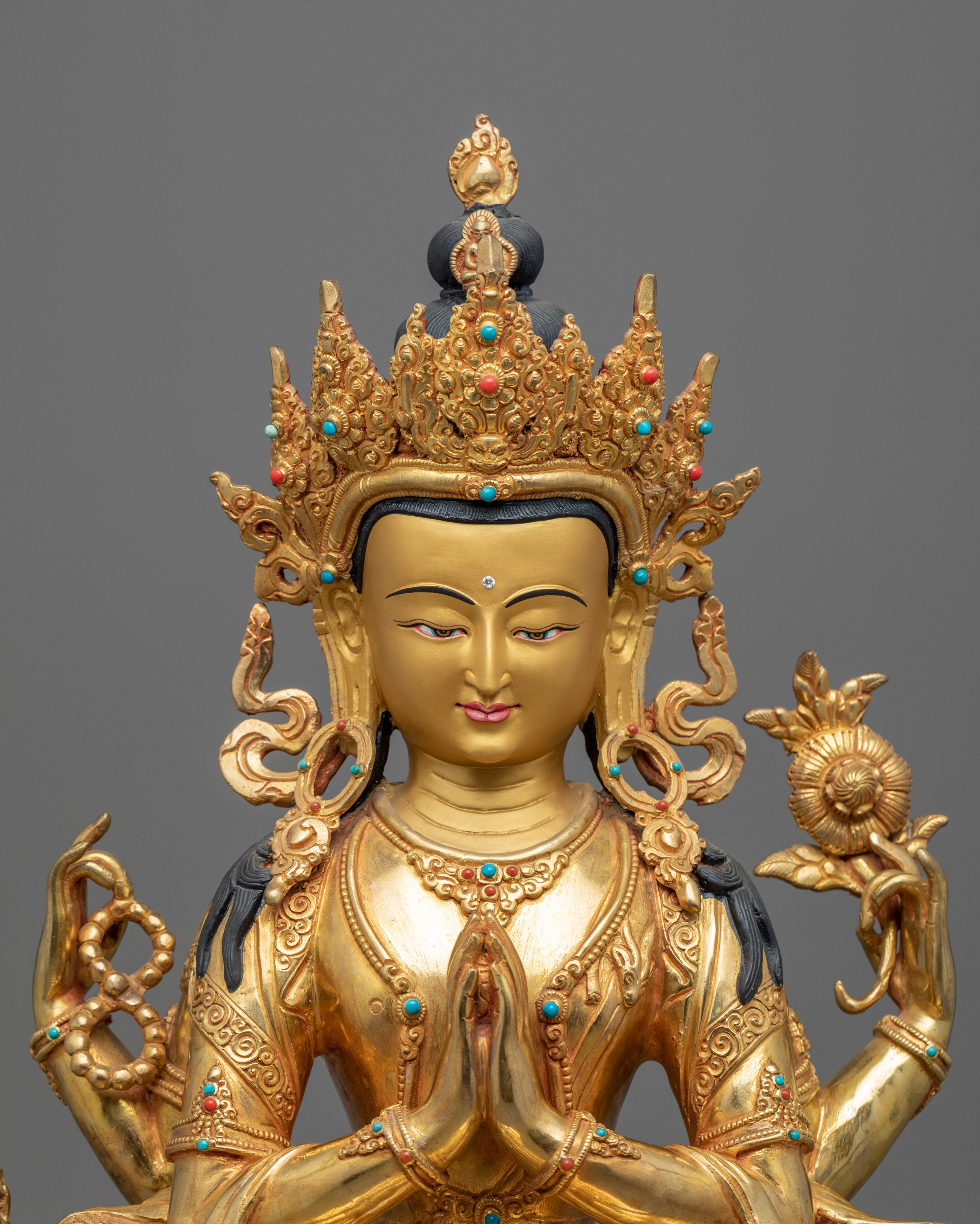 Deity of Compassion | 24K Golden Statue of Chenrezig