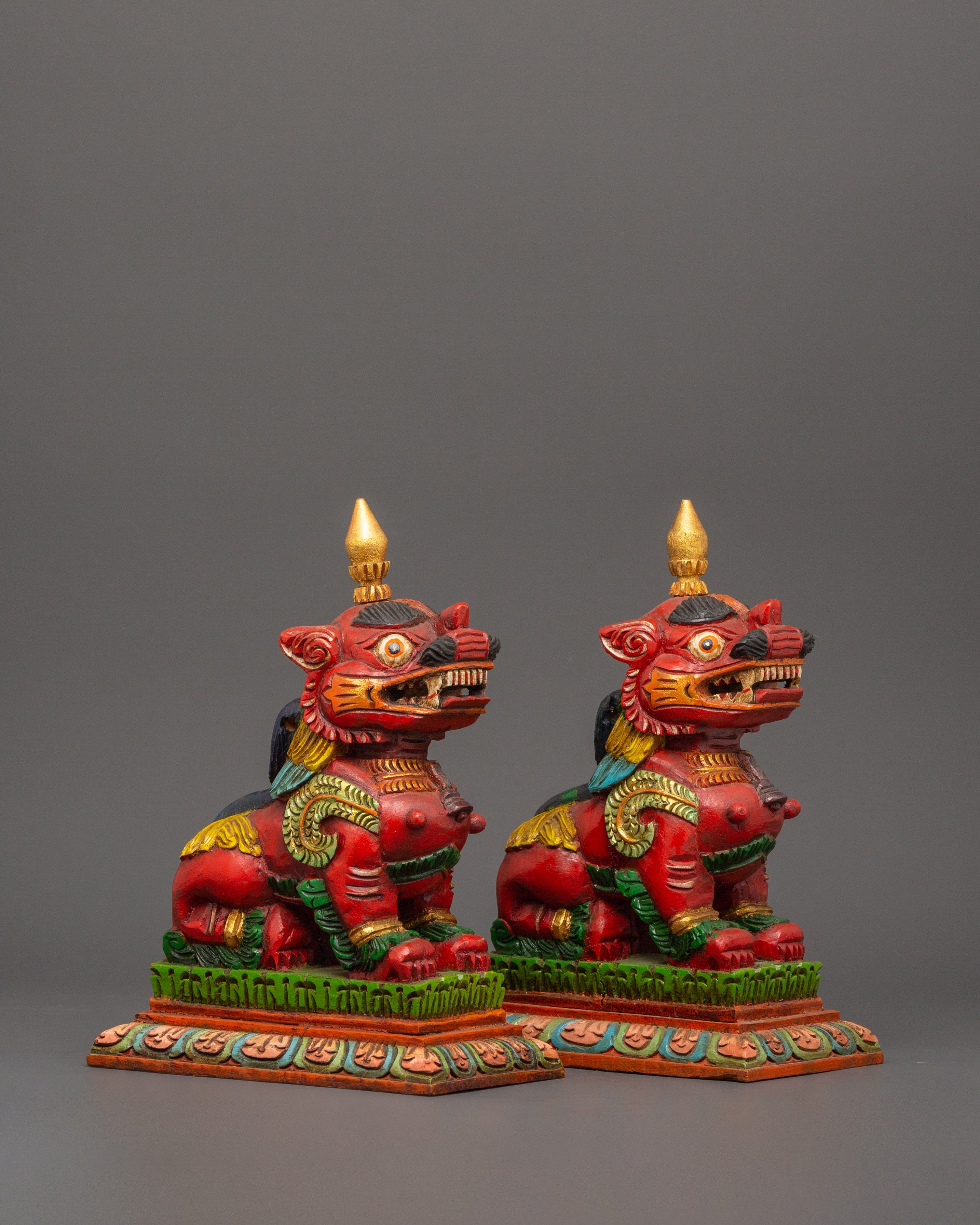 Tibetan Snow Lion Statue Set Hand Carved Wooden Guardian Figures For tibetan-snow-lion-statue-set-hand-carved-wooden-guardian-figures-for