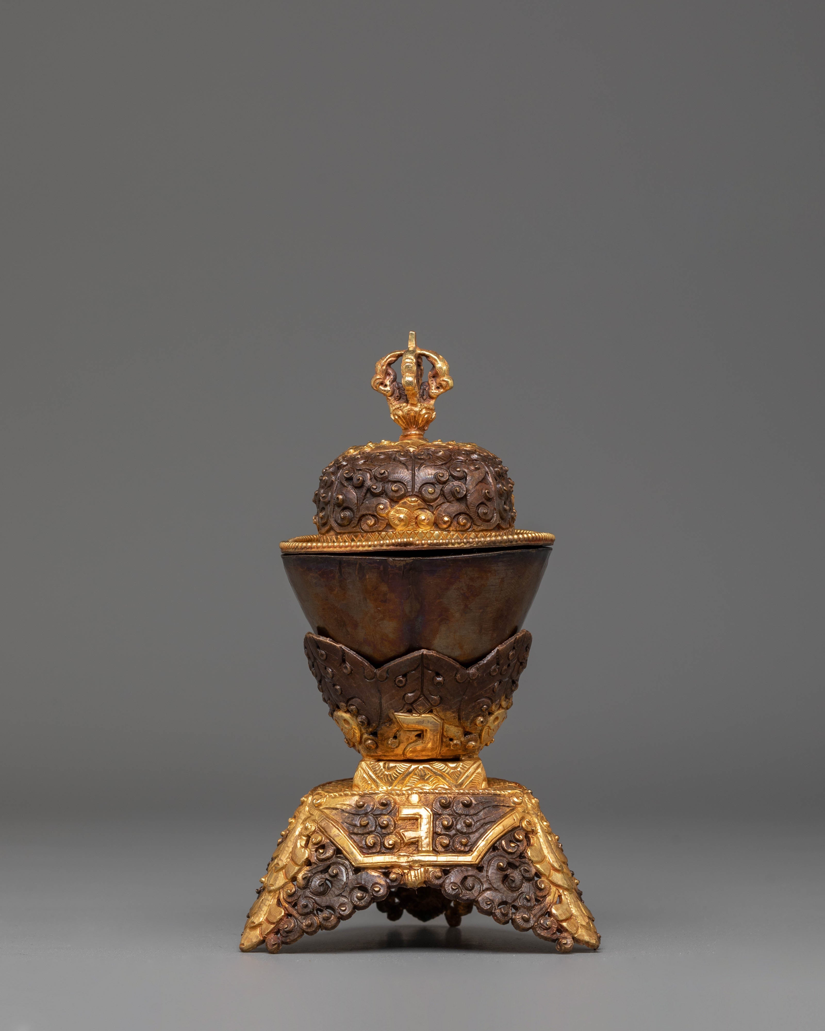 Handmade Kapala Sacred Ritual Set | Gold Plated Tibetan Offering Set