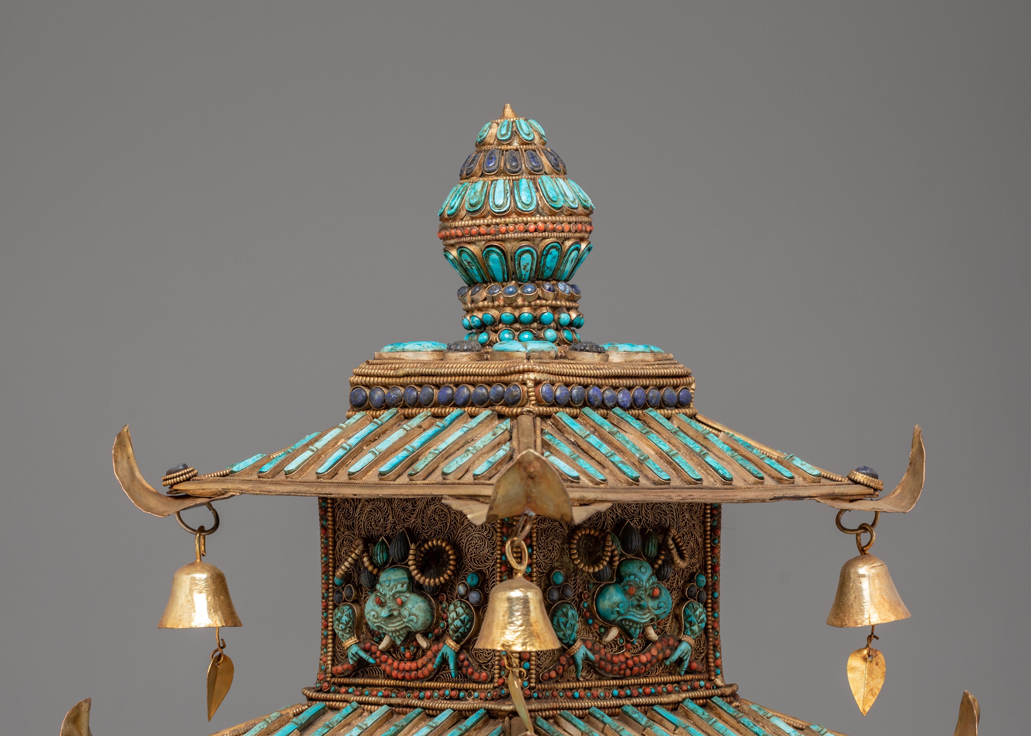 Tibetan Stupa with Deities and Turquoise Inlays | Copper & Semi-Precious Stones