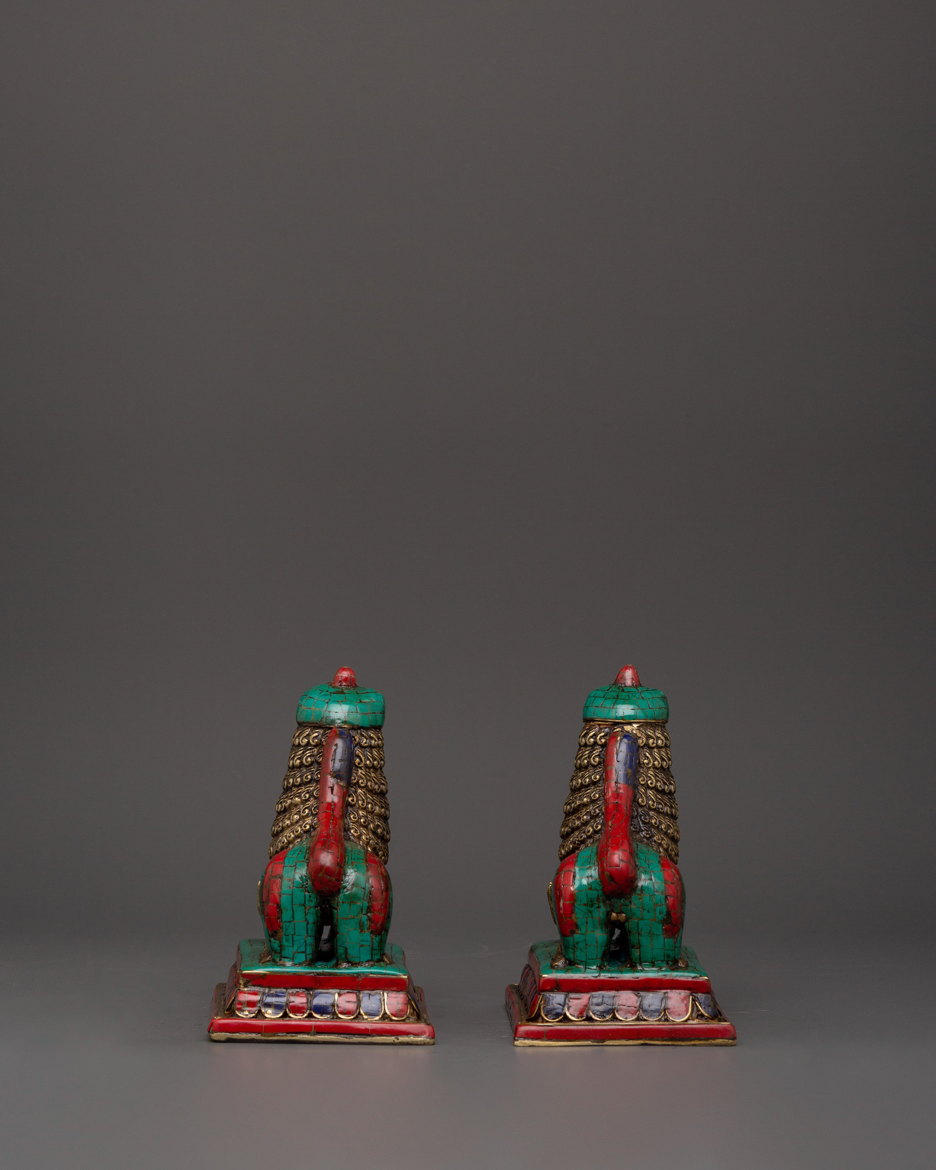 Tibetan Lion Set Brass Guardian Statues | Inlaid with Coral & Turquoise