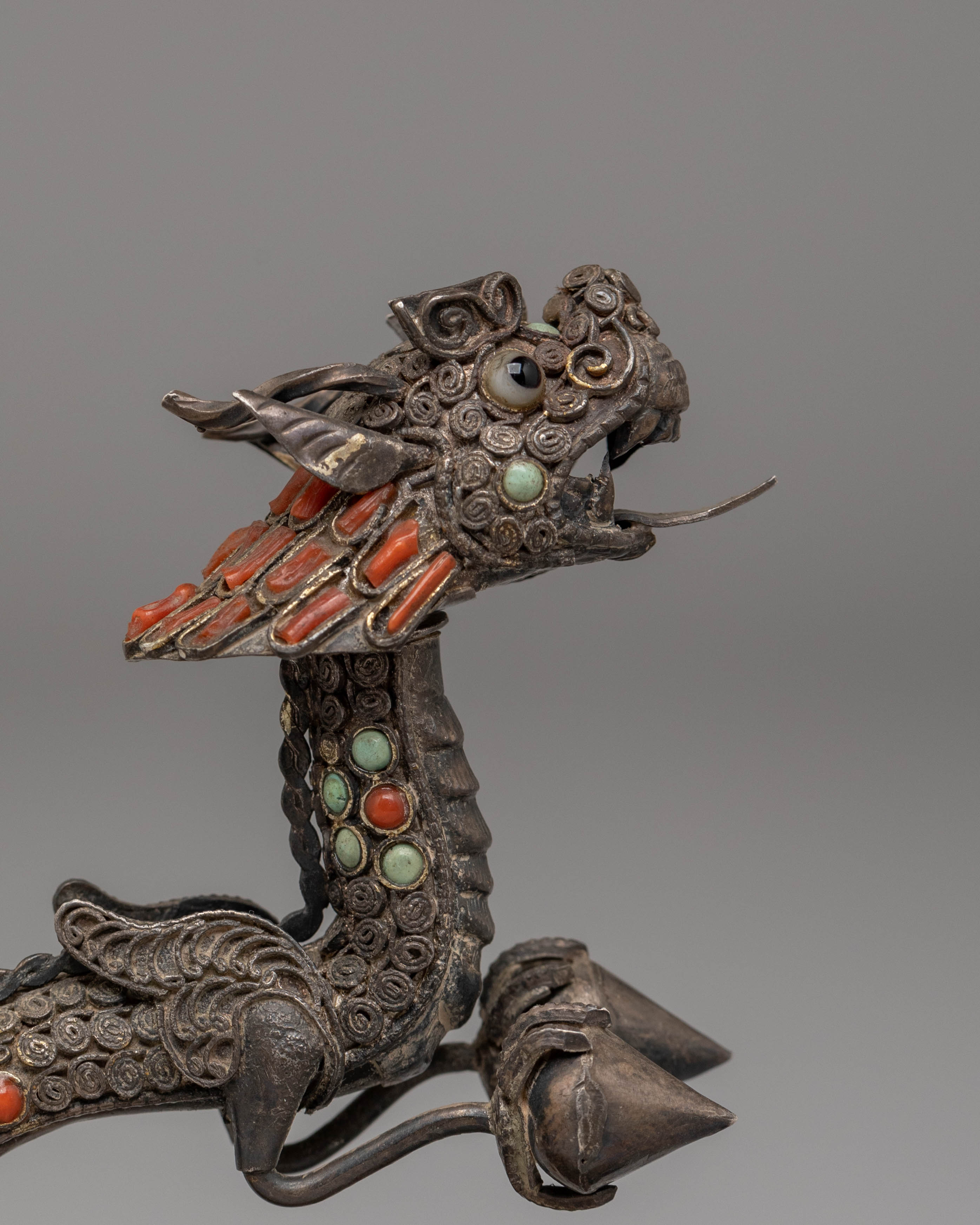 Handmade Dragon Sculpture | Silver Art Piece with Turquoise & Coral Gemstones
