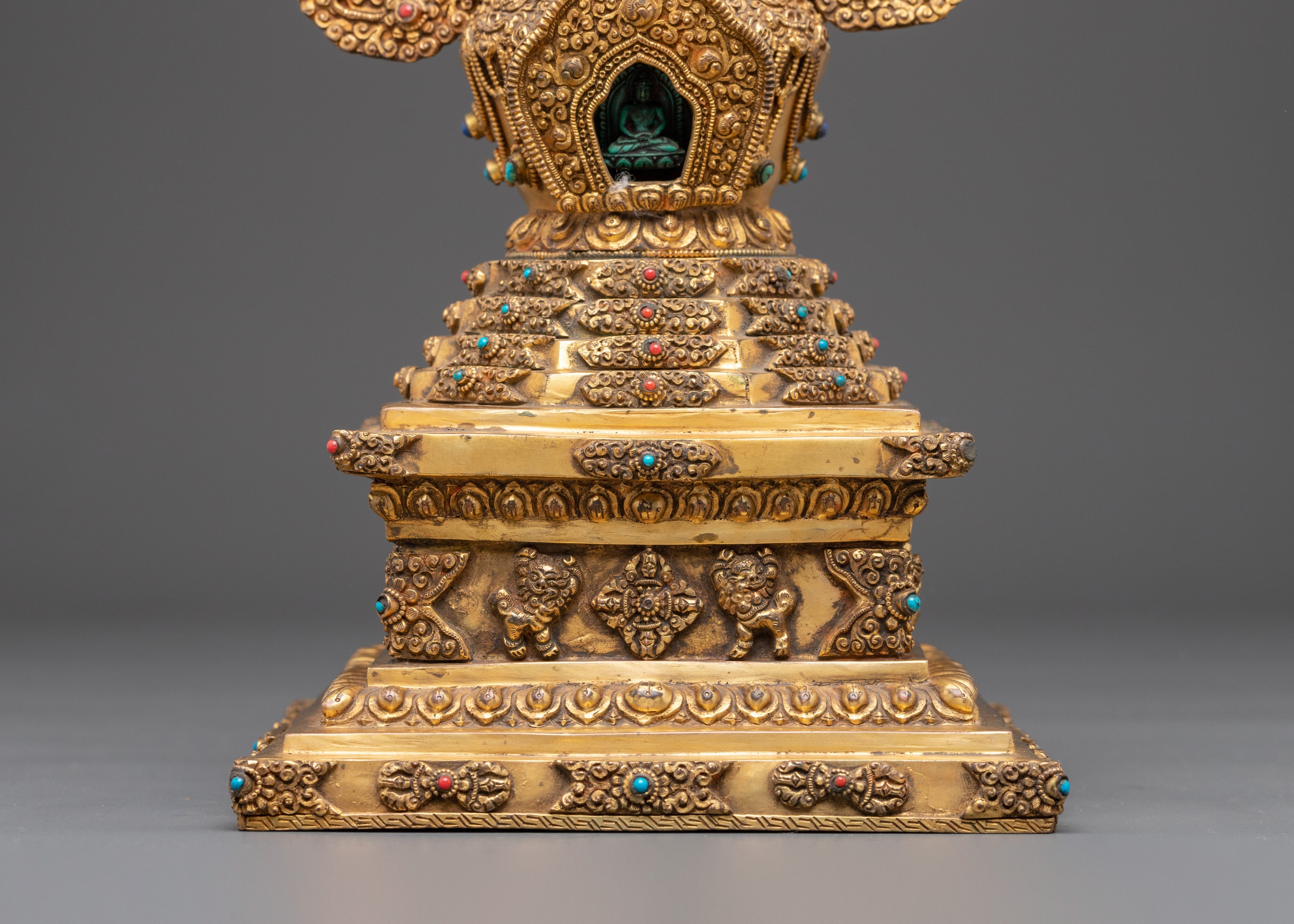 Sacred Stupa Containing Amitābha Buddha | Gold Plated Copper with Turquoise Inlay