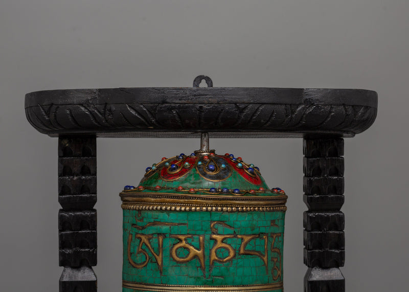 Wooden Frame Tibetan Prayer Wheel | Authentic Prayer Wheel with 8 Auspicious Symbols