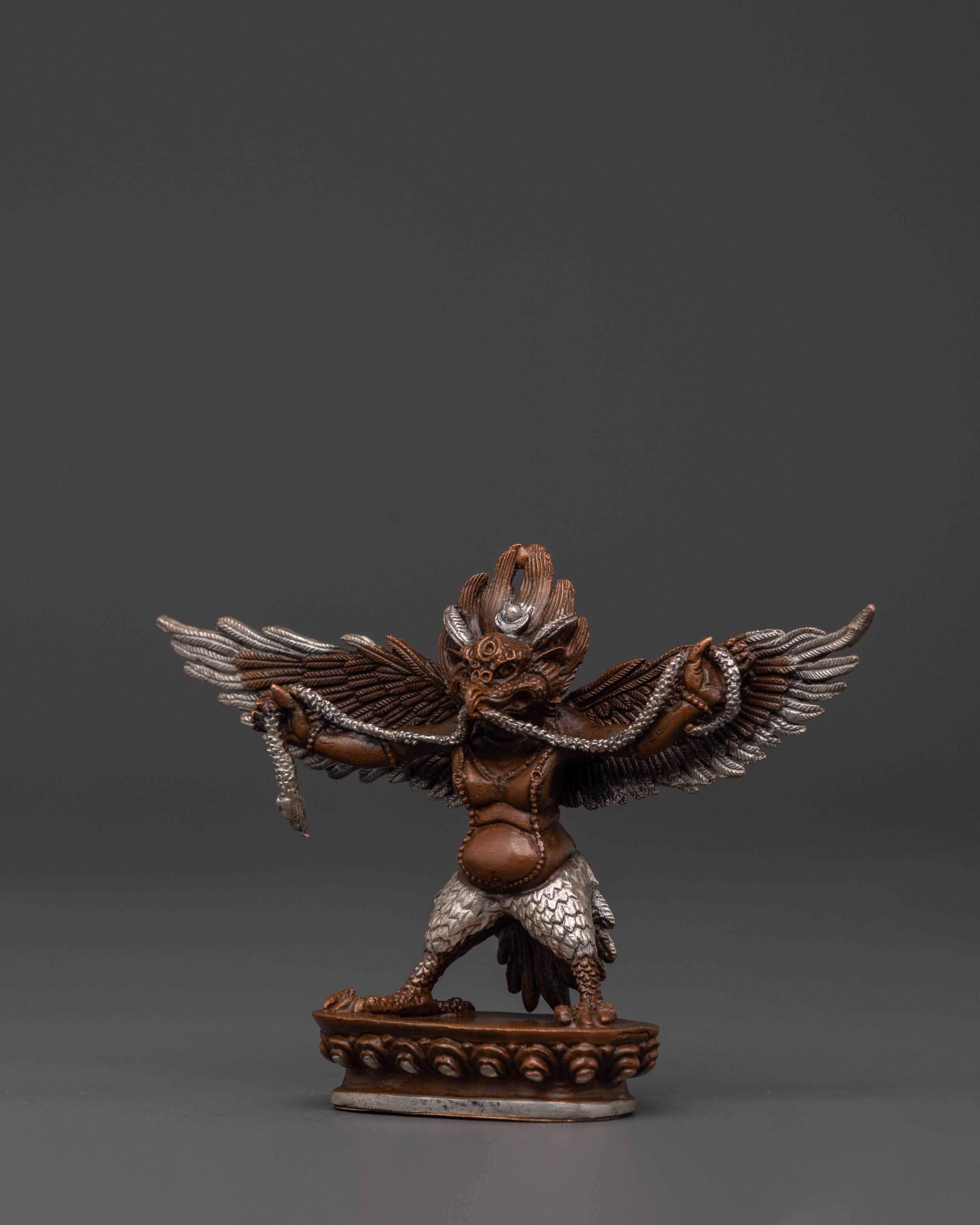 Handcrafted Tibetan Garuda Statue | Copper Oxidized Silver Plated Protector Deity Sculpture for Spiritual Décor