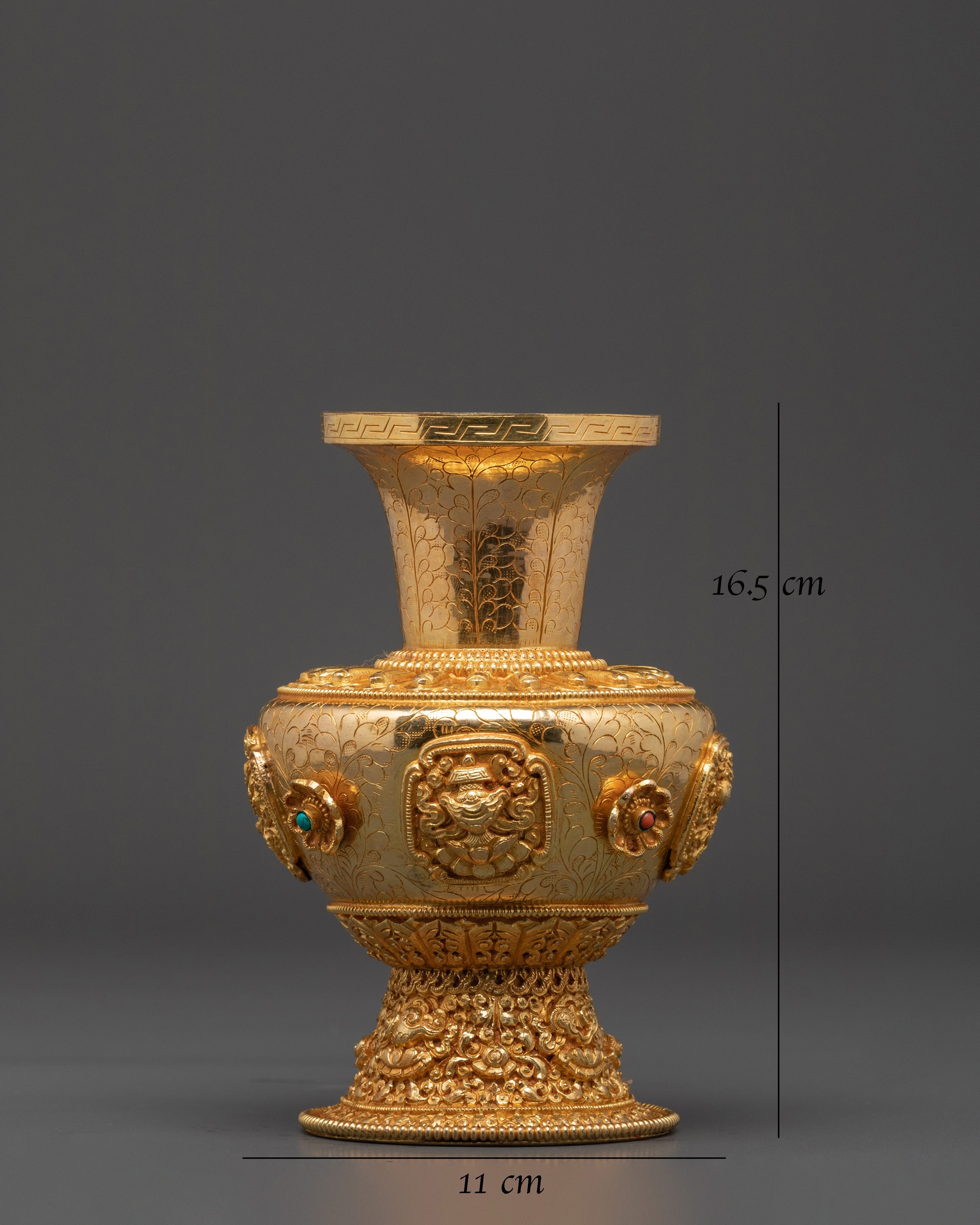 Handcrafted Copper Vase | Tibetan Vase with Coral & Turquoise for Altar