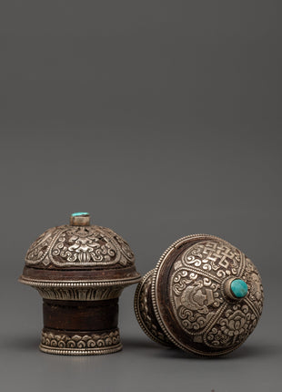 Brocade Thangka Stick Cap | Handcrafted Wooden Body with Silver and Turquoise
